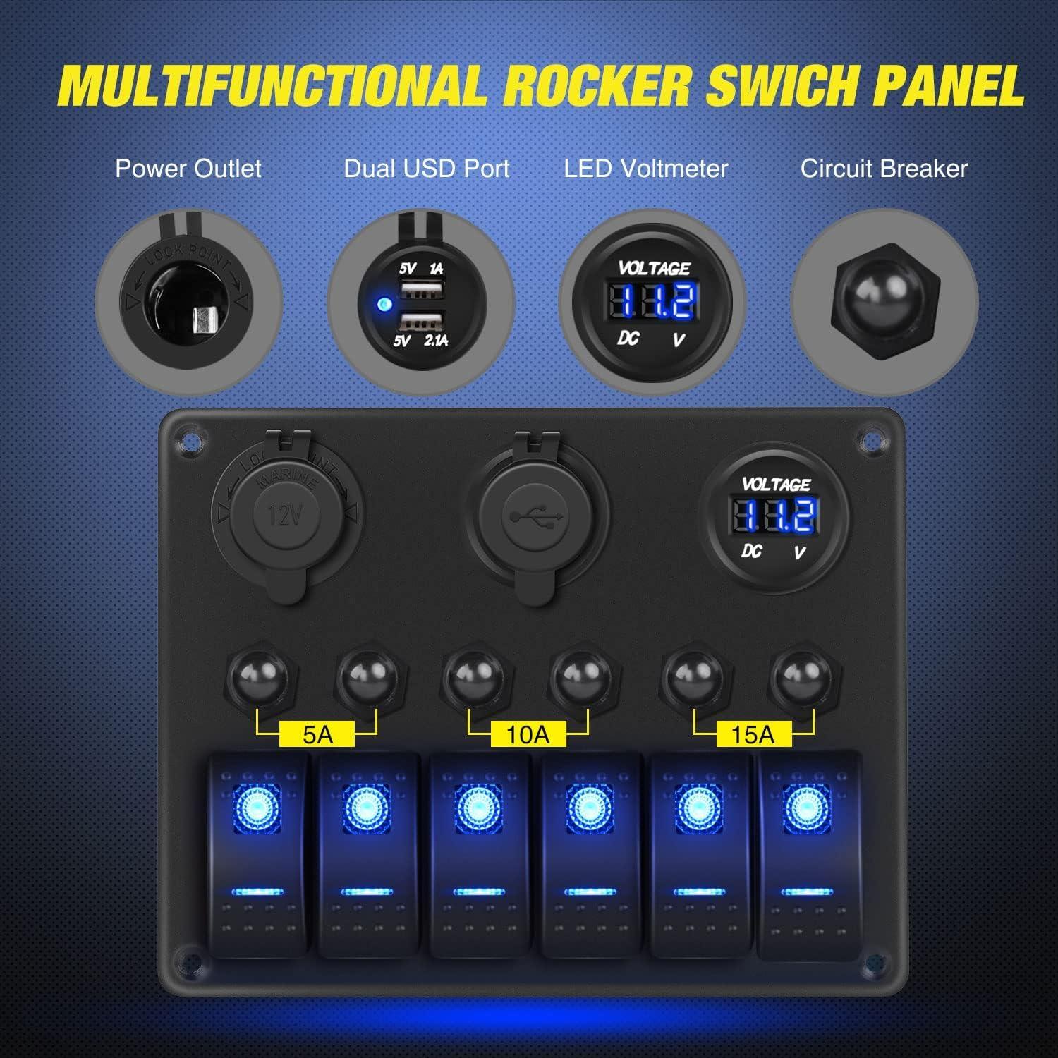 imageNilight 6 Gang ON Off Rocker Switch Panel 12V Voltmeter Dual USB Charger Cigarette Lighter Socket For RV Truck Boat  2 Years WarrantyBlue