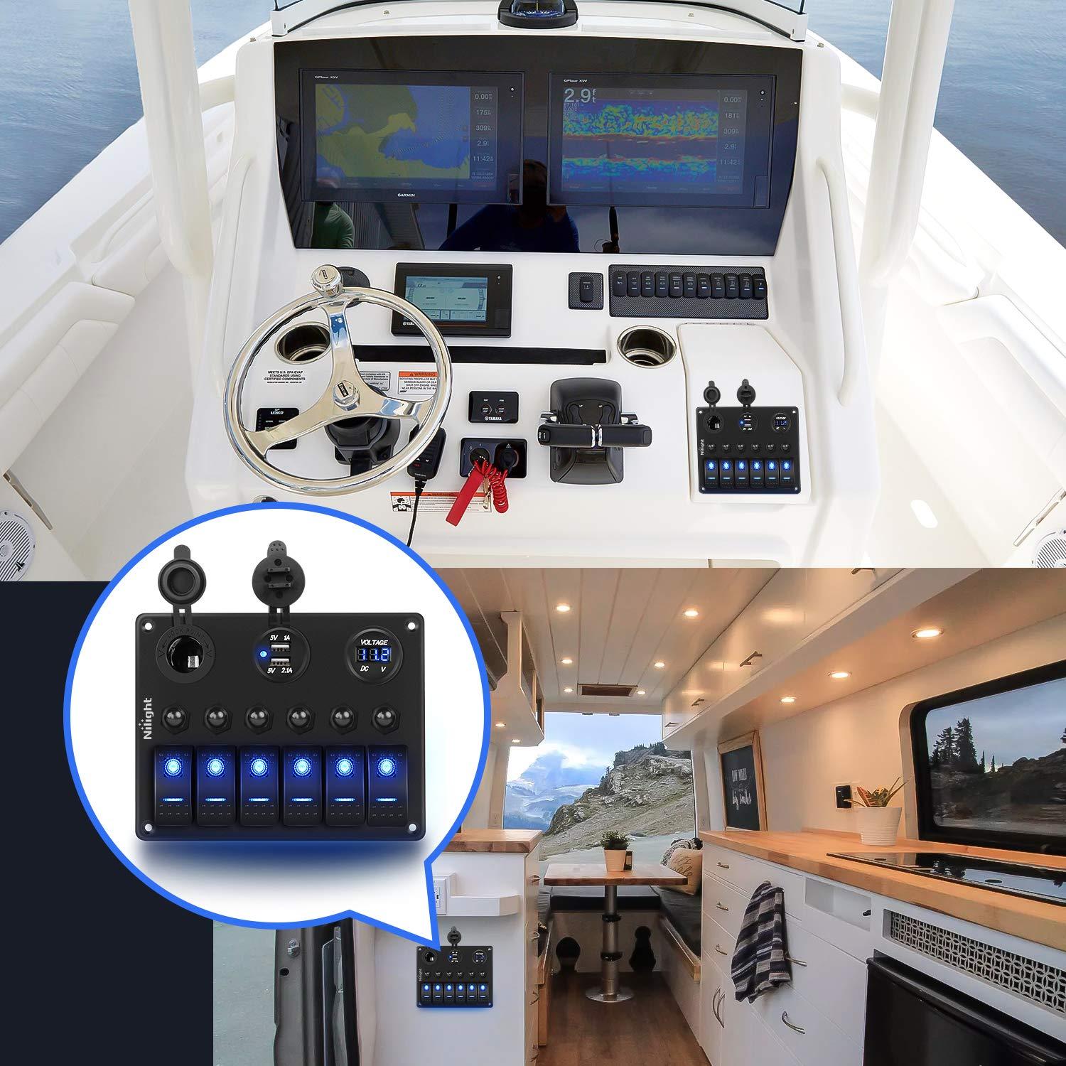 imageNilight 6 Gang ON Off Rocker Switch Panel 12V Voltmeter Dual USB Charger Cigarette Lighter Socket For RV Truck Boat  2 Years WarrantyBlue