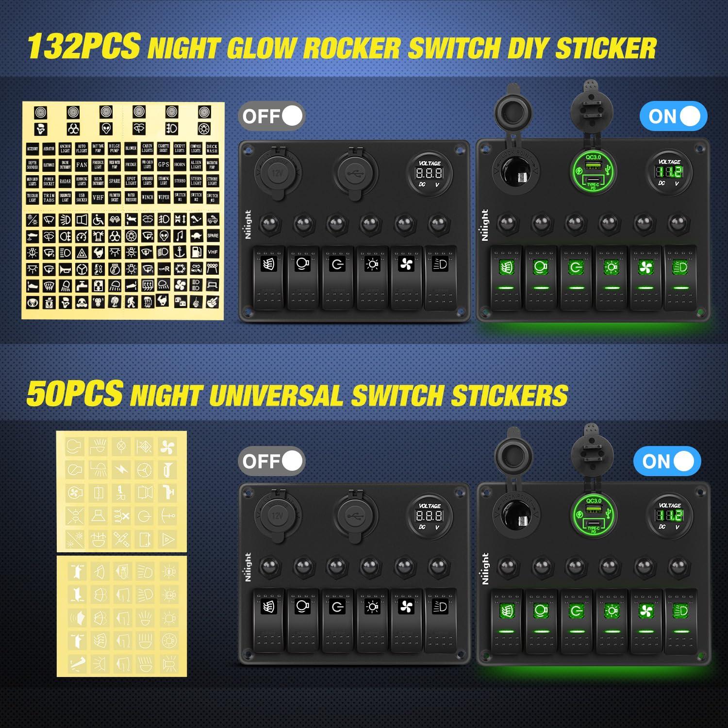imageNilight 6 Gang ON Off Rocker Switch Panel 12V Voltmeter Dual USB Charger Cigarette Lighter Socket For RV Truck Boat  2 Years WarrantyType C  USB Green
