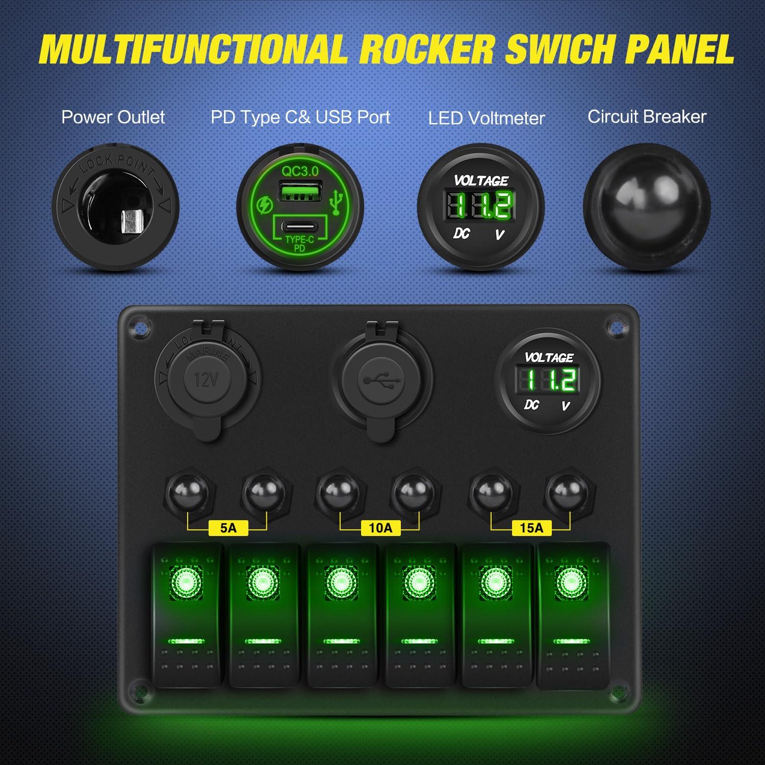imageNilight 6 Gang ON Off Rocker Switch Panel 12V Voltmeter Dual USB Charger Cigarette Lighter Socket For RV Truck Boat  2 Years WarrantyType C  USB Green