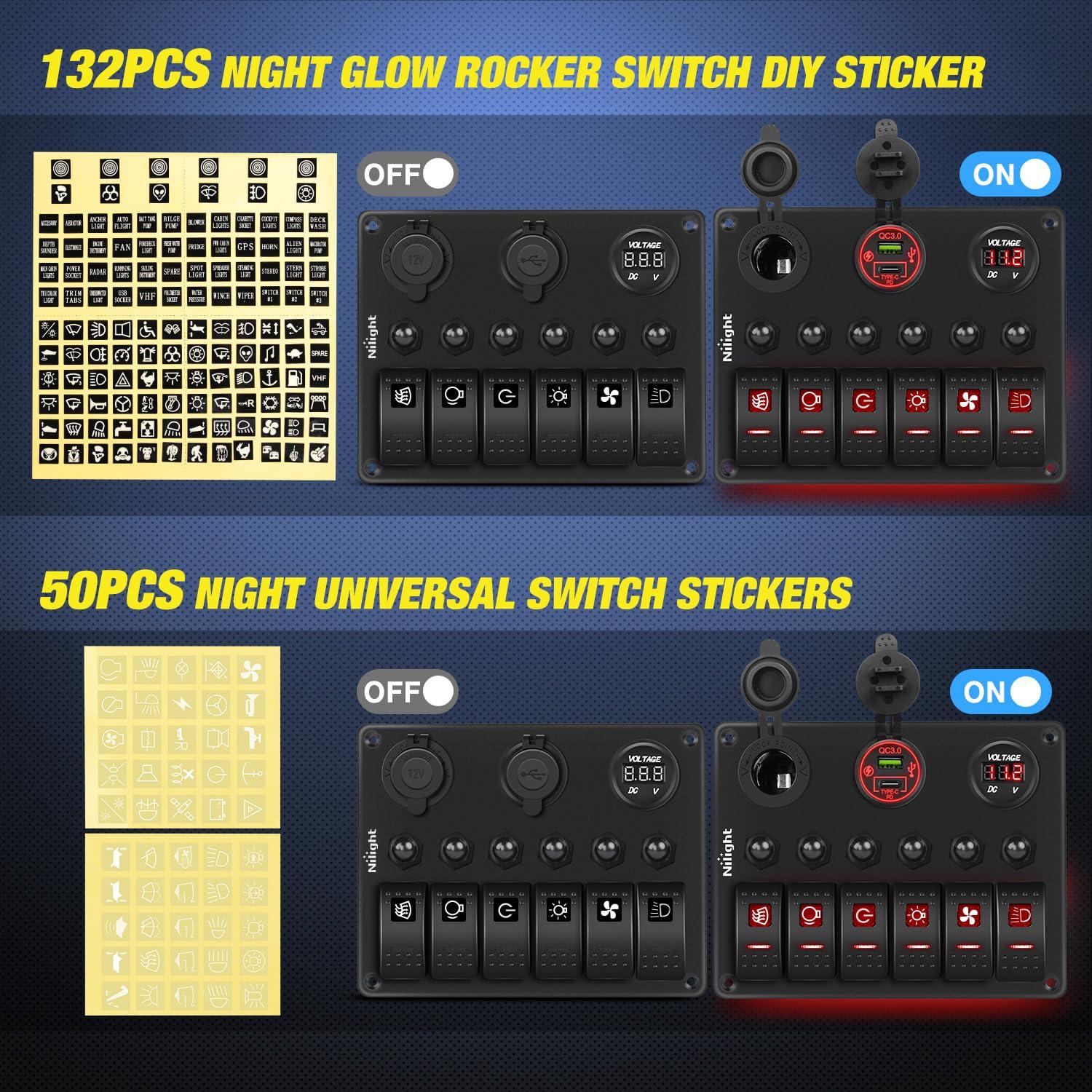 imageNilight 6 Gang ON Off Rocker Switch Panel 12V Voltmeter Dual USB Charger Cigarette Lighter Socket For RV Truck Boat  2 Years WarrantyType C  USB Red