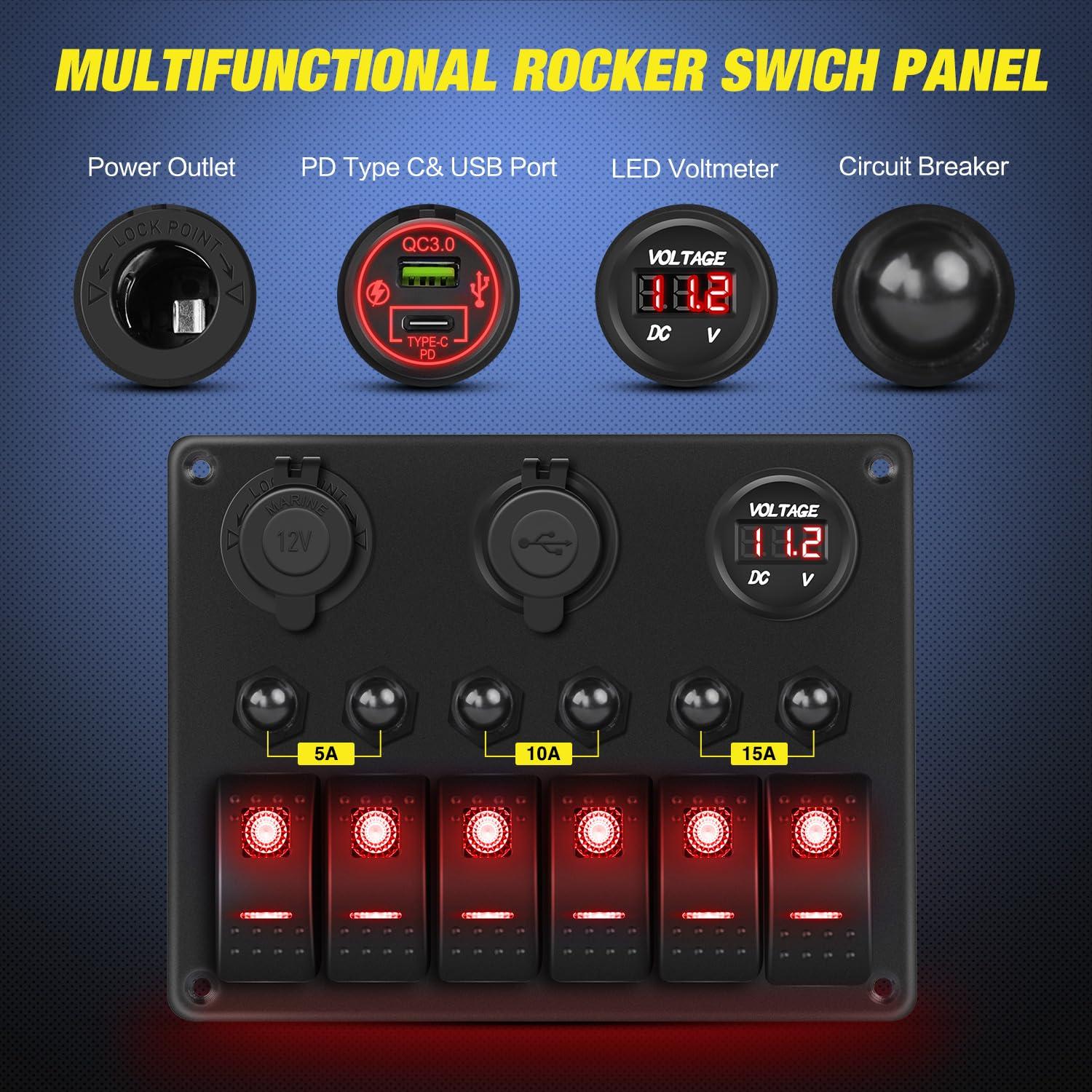 imageNilight 6 Gang ON Off Rocker Switch Panel 12V Voltmeter Dual USB Charger Cigarette Lighter Socket For RV Truck Boat  2 Years WarrantyType C  USB Red