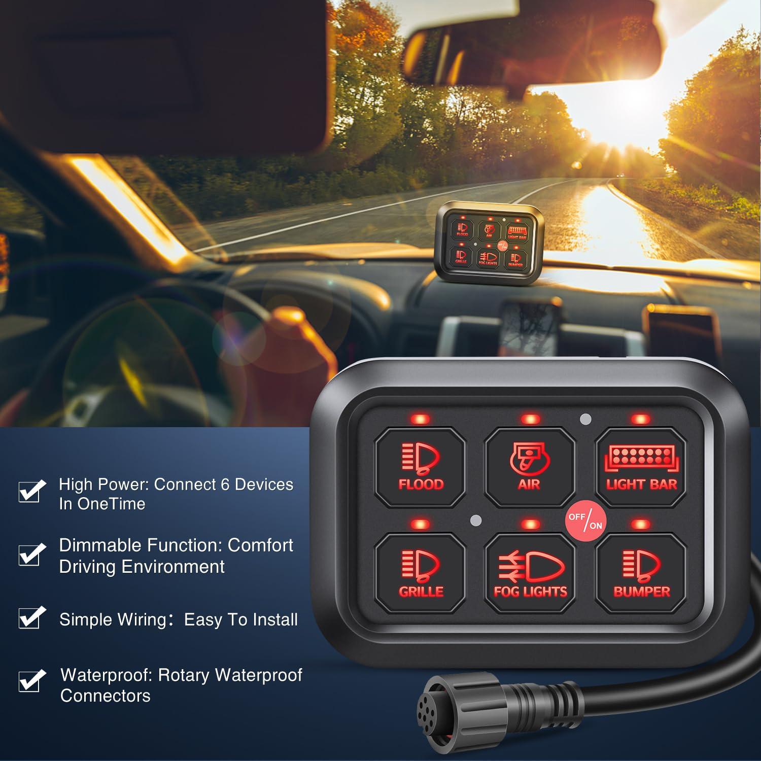 imageNilight 6 Gang Switch Panel Universal Circuit Control Relay System with Fuse Wiring Harness Automatic Dimmable ONOff LED Pod for Cars Trucks Boats ATV UTV SUVRed