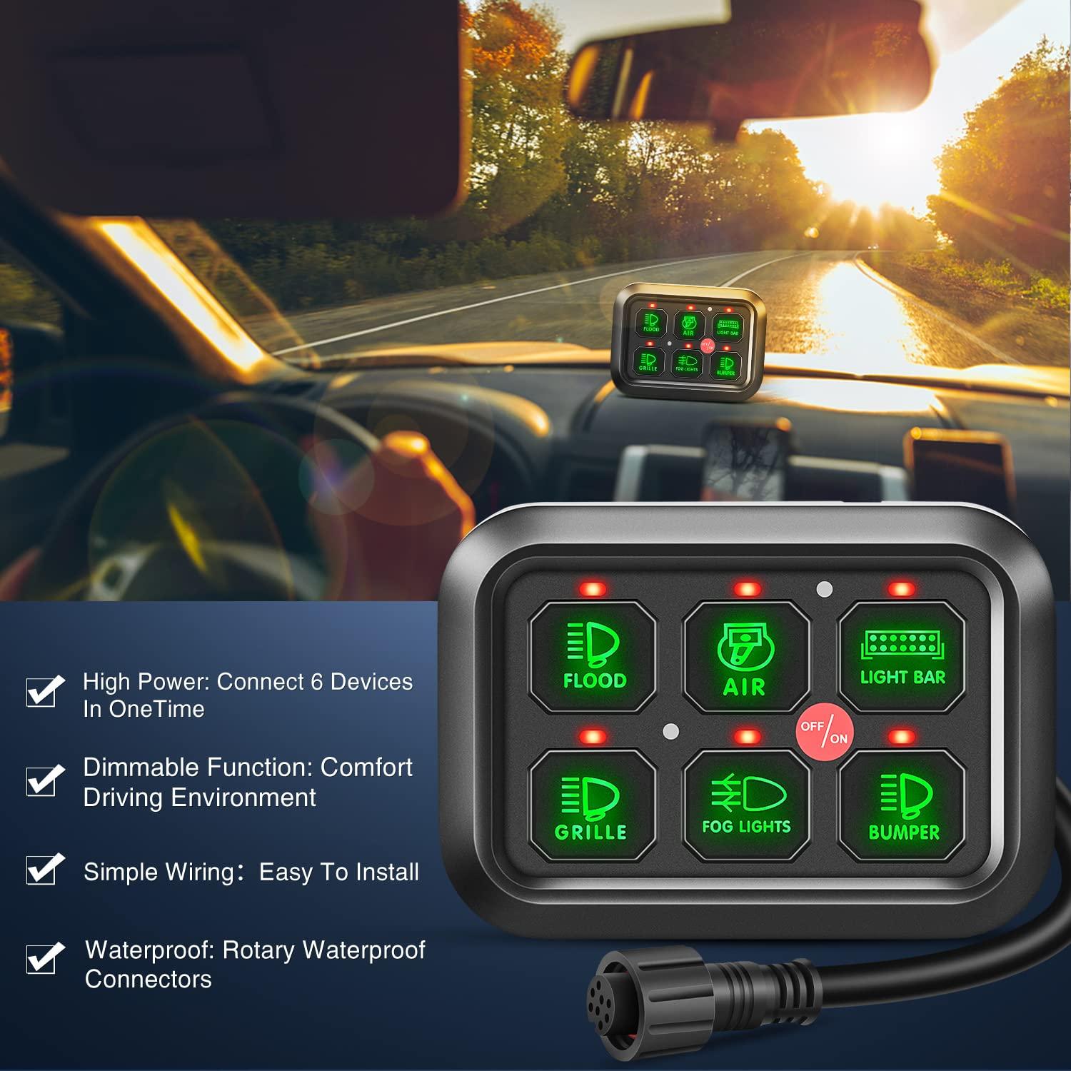 imageNilight 6 Gang Switch Panel Universal Circuit Control Relay System with Fuse Wiring Harness Automatic Dimmable ONOff LED Pod for Cars Trucks Boats ATV UTV SUVGreen