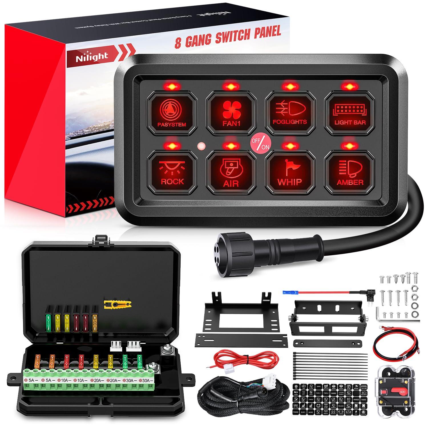 imageNilight 6 Gang Switch Panel Universal Circuit Control Relay System with Fuse Wiring Harness Automatic Dimmable ONOff LED Pod for Cars Trucks Boats ATV UTV SUVRed