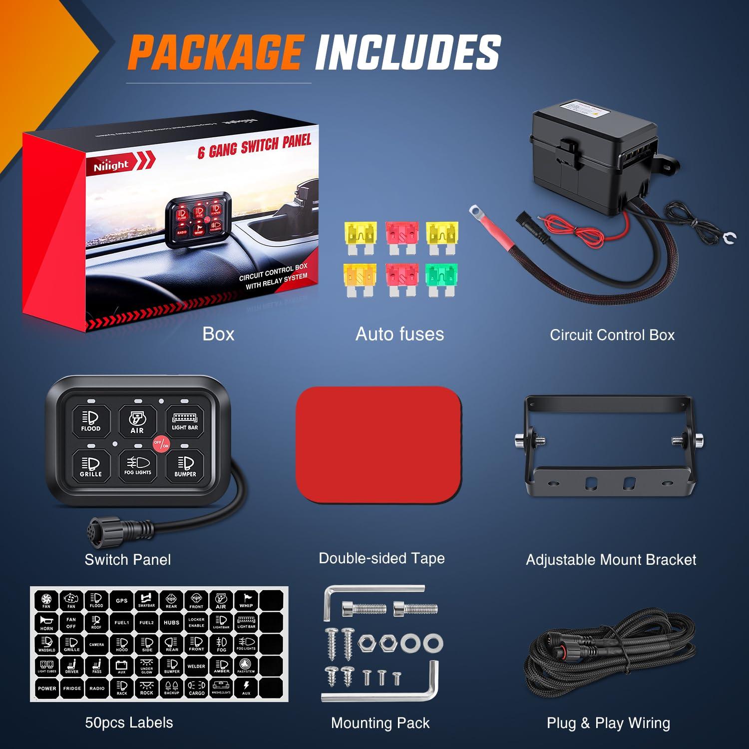 imageNilight 6 Gang Switch Panel Universal Circuit Control Relay System with Fuse Wiring Harness Automatic Dimmable ONOff LED Pod for Cars Trucks Boats ATV UTV SUVRed