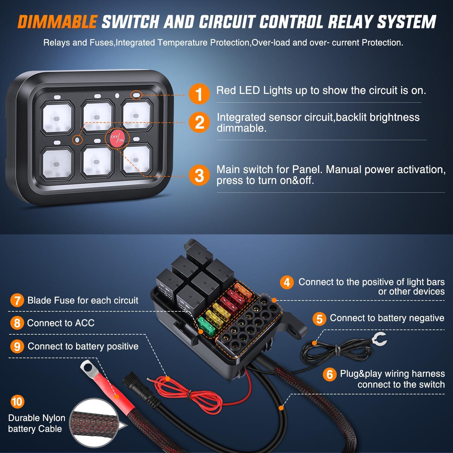 imageNilight 6 Gang Switch Panel Universal Circuit Control Relay System with Fuse Wiring Harness Automatic Dimmable ONOff LED Pod for Cars Trucks Boats ATV UTV SUVGreen