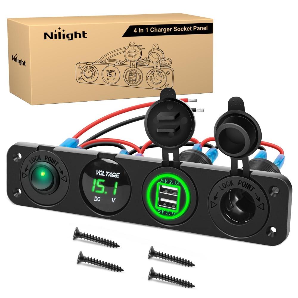 imageNilight 4 in 1 Outlet Socket Panel 12V DC 48A Dual USB 12 Volt Cigarette Lighter LED Voltmeter ON Off Rocker Toggle Switch for Marine Boat Truck CarGreen