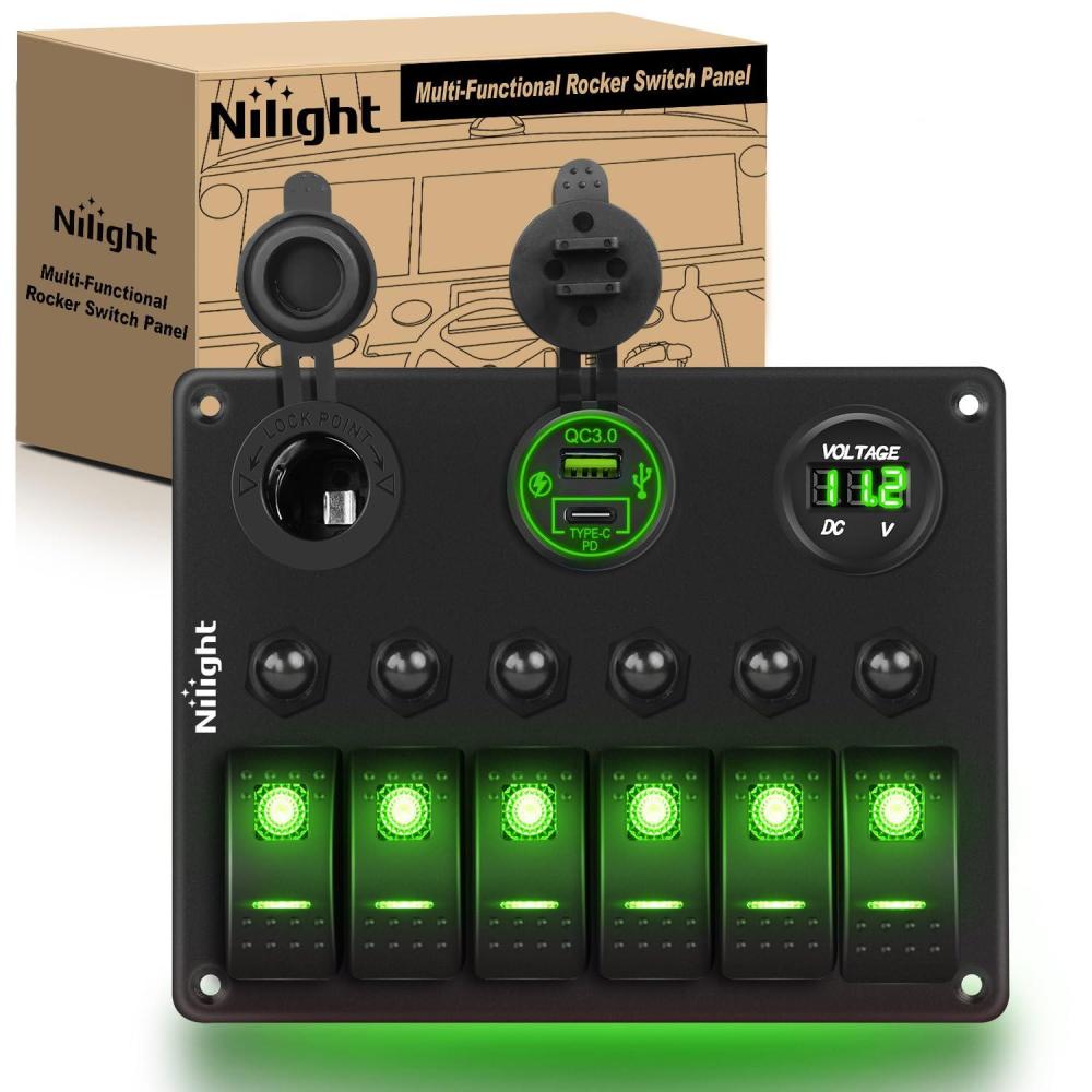 imageNilight 6 Gang ON Off Rocker Switch Panel 12V Voltmeter Dual USB Charger Cigarette Lighter Socket For RV Truck Boat  2 Years WarrantyType C  USB Green