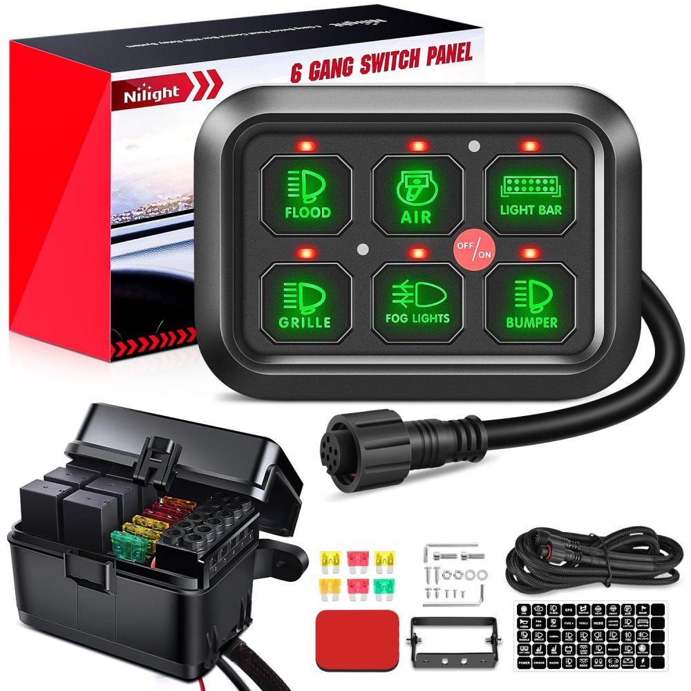 imageNilight 6 Gang Switch Panel Universal Circuit Control Relay System with Fuse Wiring Harness Automatic Dimmable ONOff LED Pod for Cars Trucks Boats ATV UTV SUVGreen
