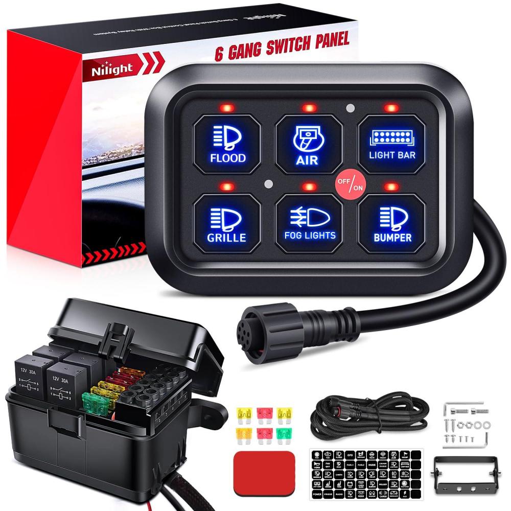imageNilight 6 Gang Switch Panel Universal Circuit Control Relay System with Fuse Wiring Harness Automatic Dimmable ONOff LED Pod for Cars Trucks Boats ATV UTV SUVBlue