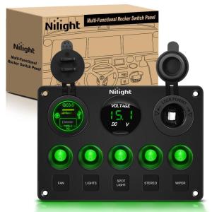 imageNilight  90125E 5 Gang Multi Function Rocker Switch Green Backlit Dual USB Charger  Digital Voltmeter 12V Outlet PreWired Switch Panel with Inline Fuse for RVs Cars Boats Trucks TrailersWaterproof Type C  USB Green