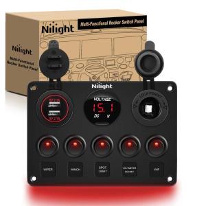 imageNilight  90125E 5 Gang Multi Function Rocker Switch Green Backlit Dual USB Charger  Digital Voltmeter 12V Outlet PreWired Switch Panel with Inline Fuse for RVs Cars Boats Trucks TrailersRed