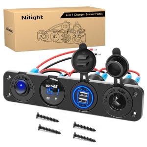 imageNilight 4 in 1 Outlet Socket Panel 12V DC 48A Dual USB 12 Volt Cigarette Lighter LED Voltmeter ON Off Rocker Toggle Switch for Marine Boat Truck CarBlue