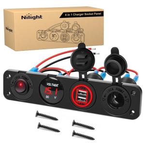 imageNilight 4 in 1 Outlet Socket Panel 12V DC 48A Dual USB 12 Volt Cigarette Lighter LED Voltmeter ON Off Rocker Toggle Switch for Marine Boat Truck CarRed