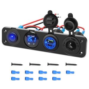 imageNilight 4 in 1 Outlet Socket Panel 12V DC 48A Dual USB 12 Volt Cigarette Lighter LED Voltmeter ON Off Rocker Toggle Switch for Marine Boat Truck CarType C  USB Blue