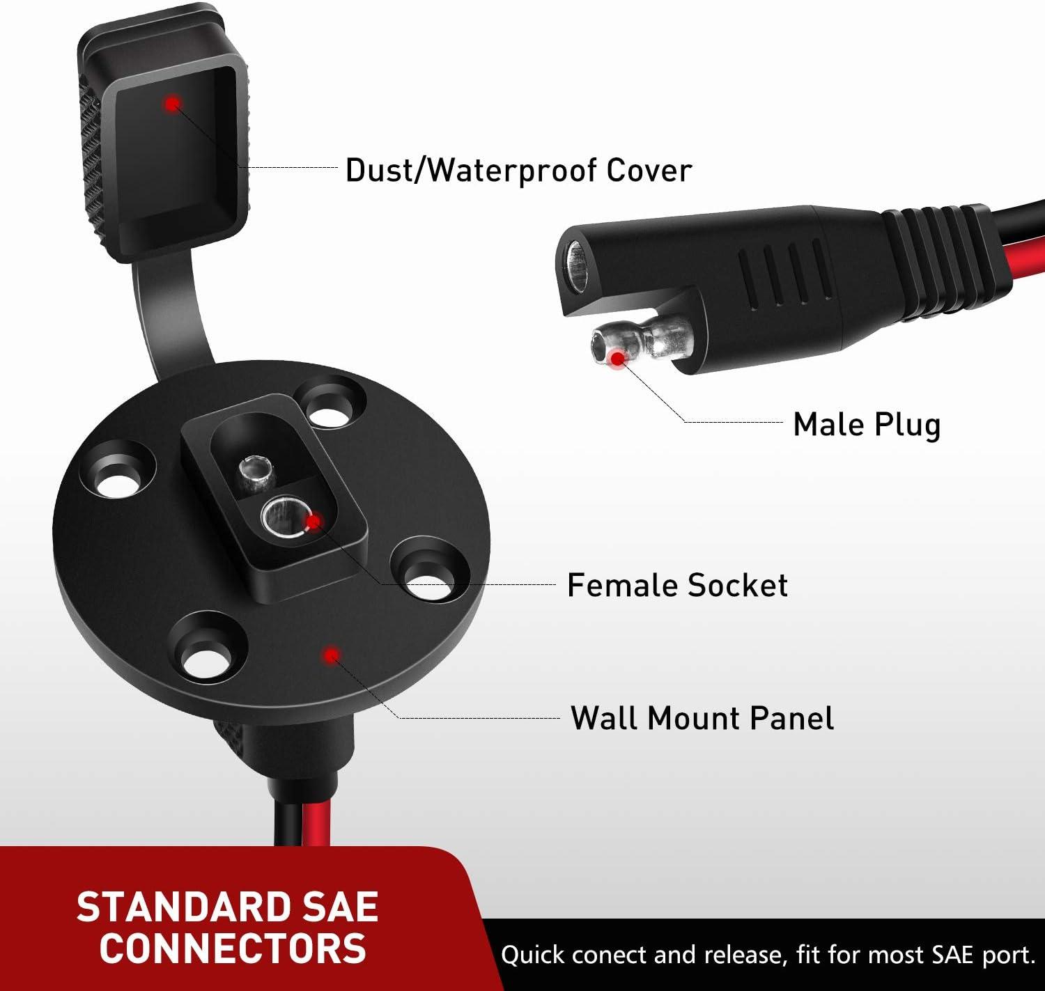 imageNilight  10040W 2 Pack 12AWG SAE Power Socket Sidewall Port Solar Panel Flush Mount Connector Plug 2Pin SAE Cable with 8 Screws for Solar Generator Battery Charger