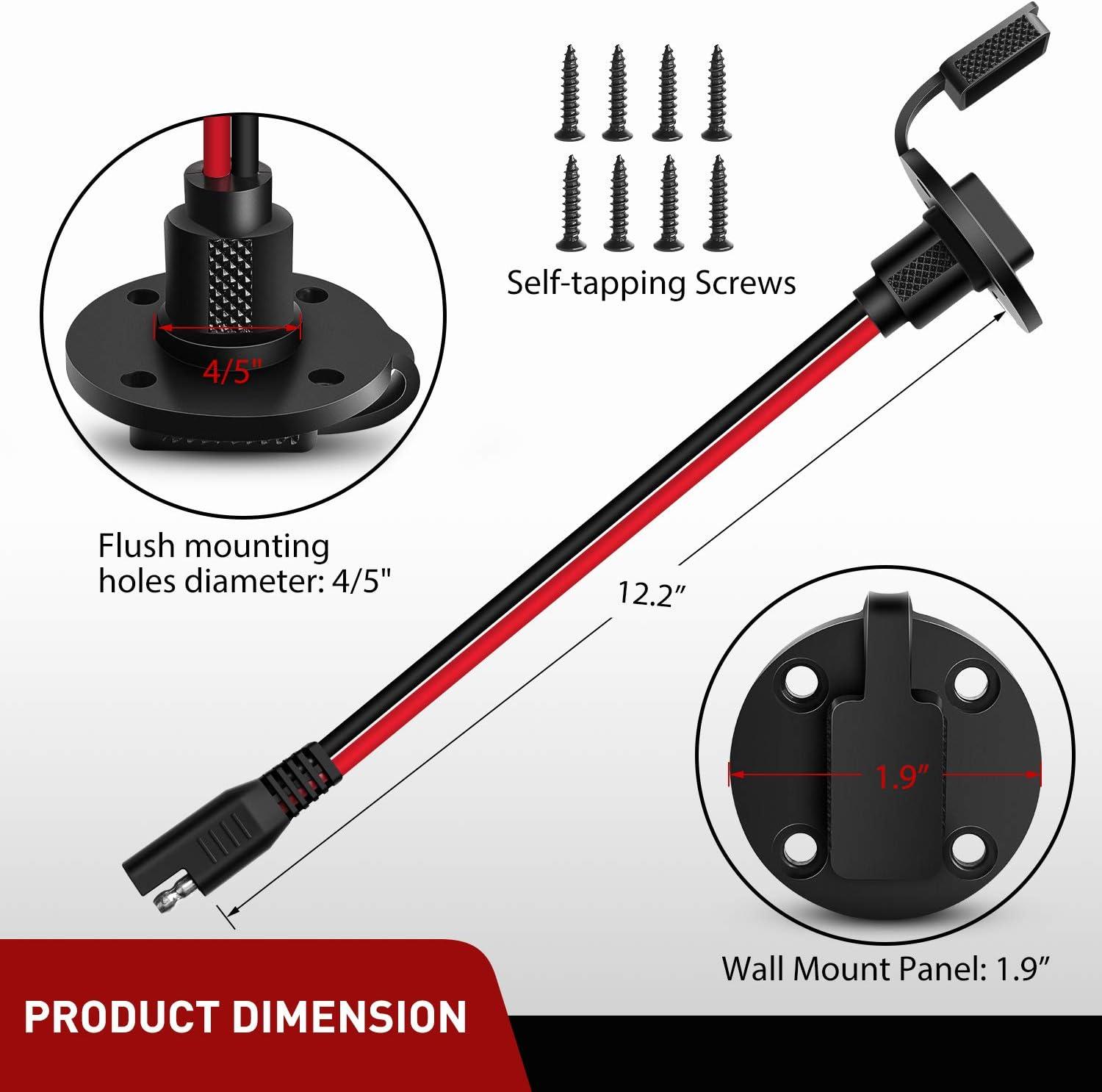 imageNilight  10040W 2 Pack 12AWG SAE Power Socket Sidewall Port Solar Panel Flush Mount Connector Plug 2Pin SAE Cable with 8 Screws for Solar Generator Battery Charger