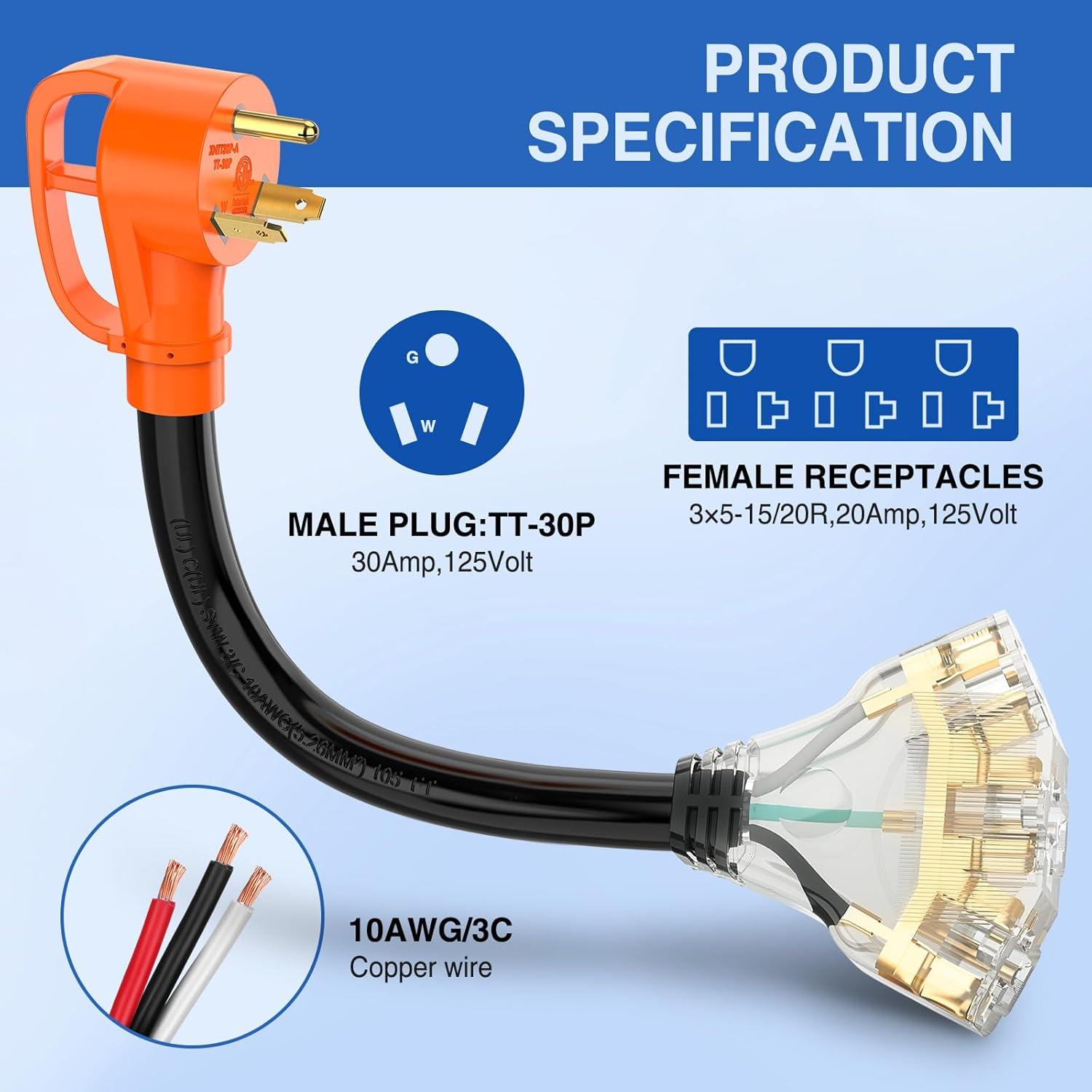 imageNilight  50033R 18 inch 50 Amp to 30 Amp RV Plug Adapter Heavy Duty Dogbone Electrical Adapter with Handle 50A Male to 30A Female Cord Adapter 125V3750W2 Years WarrantyTT30P to 515R520R 3Prong