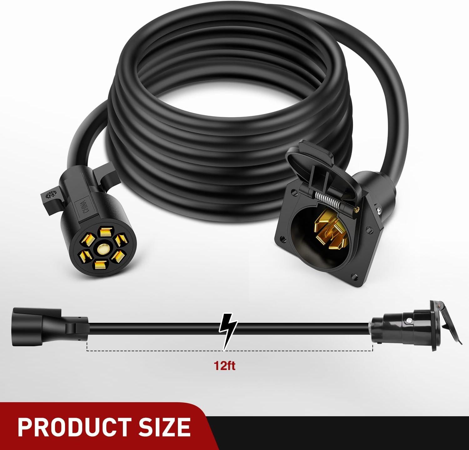 imageNilight  50050R 7Way Trailer Plug Socket Extension Cable 3FT Long 1014 AWG DoubleProng Copper TerminalsWires for 7Blade Trailer Wiring Connector Cord 2 Years Warranty12FT Trailer Extension Cord