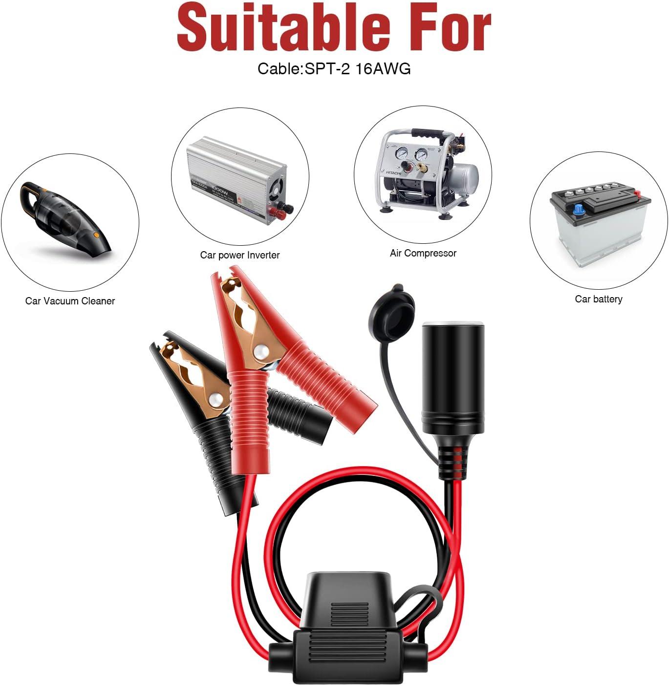 imageNilight 10026W Cord Plug Socket Clamp 49FT  15m 16 AWG ClipOn and Female Cigarette Lighter Adapter Car Battery ExtensionCable with 15A FuseCigarette Lighter Socket to Battery Clamp