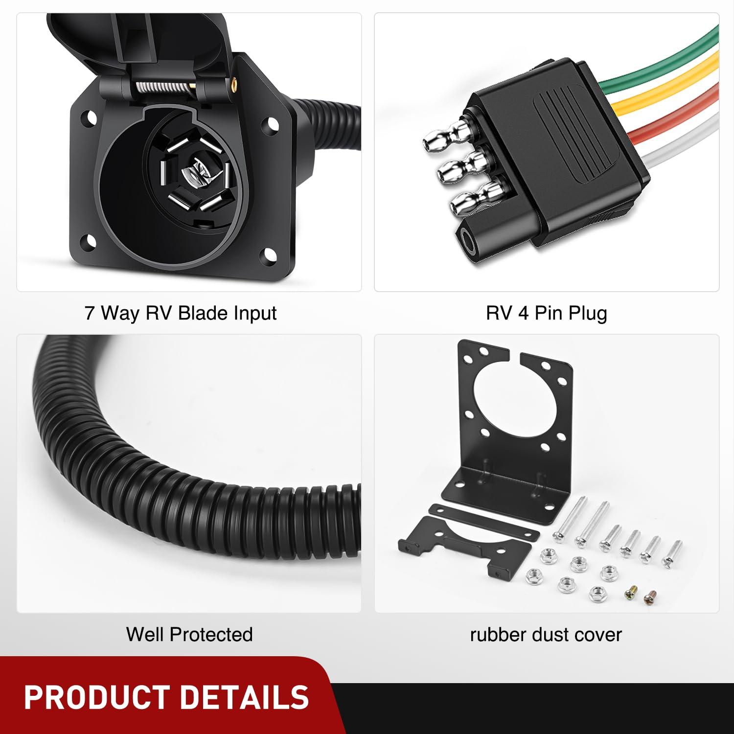 imageNilight 4Way Flat to 7Way Round RV Blade Adapter Plug 4 Pin to 7 Pin Vehicle Side Trailer Light Adapter with Extra Output Wire Tow Hitch Wire Adapter 7 Way Car End with mounting BracketDual Output 4 Way to 7 Way Trailer Adapter