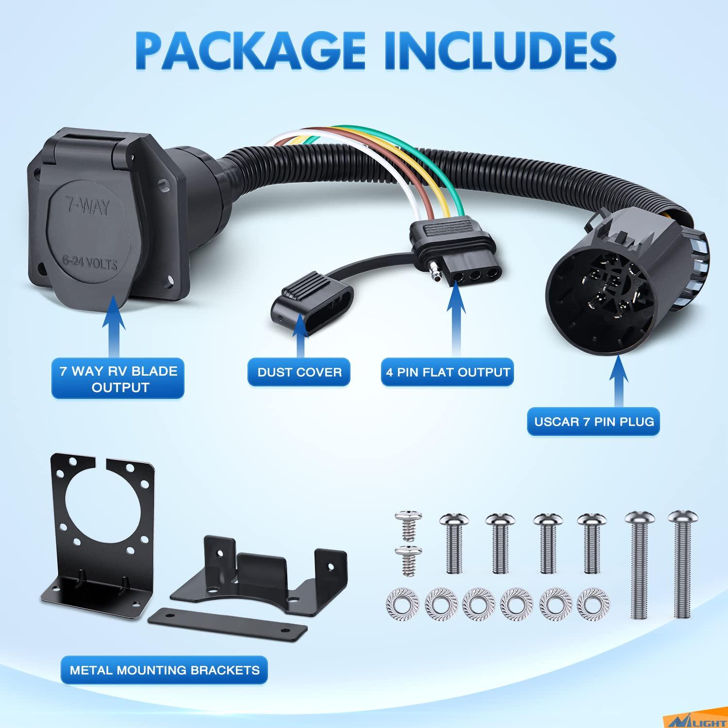 imageNilight 4Way Flat to 7Way Round RV Blade Adapter Plug 4 Pin to 7 Pin Vehicle Side Trailer Light Adapter with Extra Output Wire Tow Hitch Wire Adapter 7 Way Car End with mounting BracketUSCAR 7Pin to 74Pin Trailer Adapter