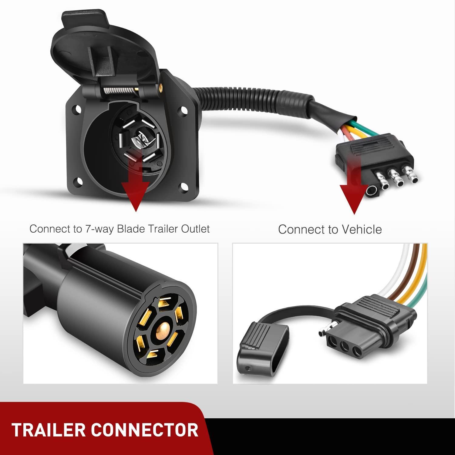 imageNilight 4Way Flat to 7Way Round RV Blade Adapter Plug 4 Pin to 7 Pin Vehicle Side Trailer Light Adapter with Extra Output Wire Tow Hitch Wire Adapter 7 Way Car End with mounting Bracket4Way to 7Way Adapter