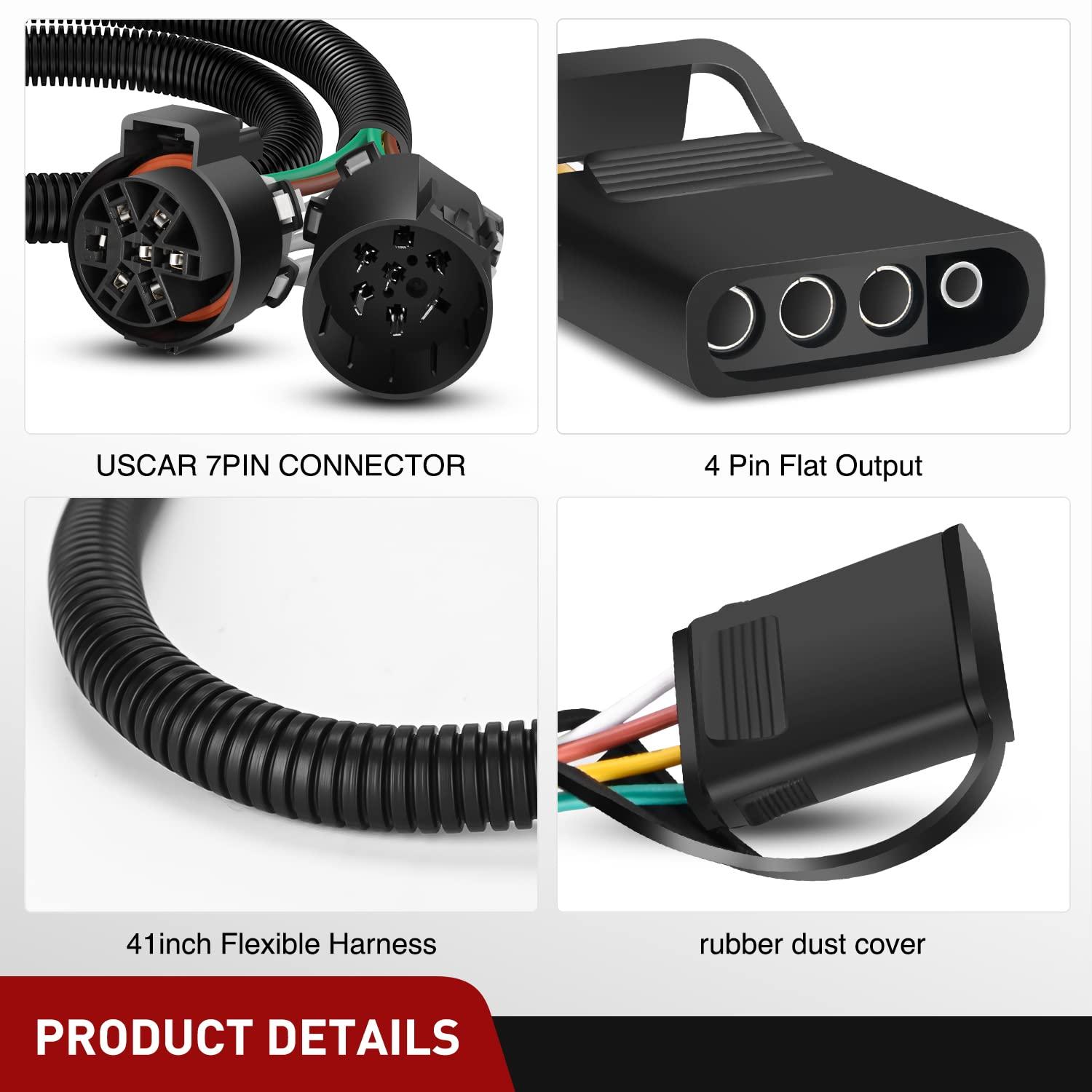 imageNilight 4Way Flat to 7Way Round RV Blade Adapter Plug 4 Pin to 7 Pin Vehicle Side Trailer Light Adapter with Extra Output Wire Tow Hitch Wire Adapter 7 Way Car End with mounting BracketUSCAR 7 Pin to 4 Pin Trailer Wiring Harness