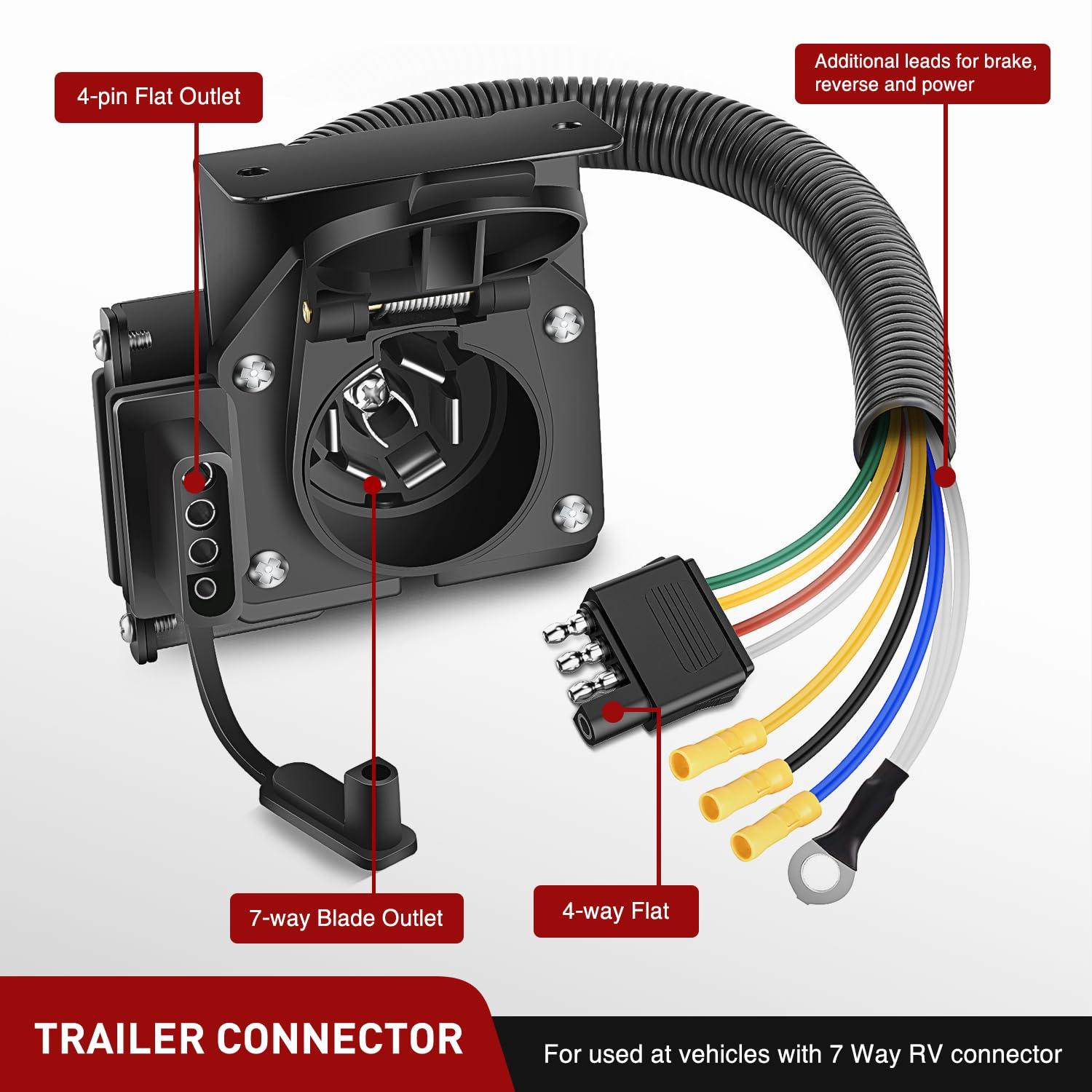 imageNilight 4Way Flat to 7Way Round RV Blade Adapter Plug 4 Pin to 7 Pin Vehicle Side Trailer Light Adapter with Extra Output Wire Tow Hitch Wire Adapter 7 Way Car End with mounting BracketDual Output 4 Way to 7 Way Trailer Adapter