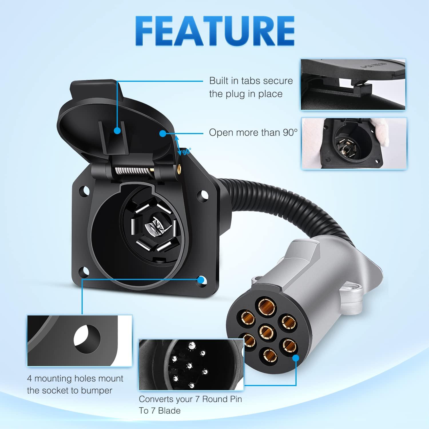 imageNilight 4Way Flat to 7Way Round RV Blade Adapter Plug 4 Pin to 7 Pin Vehicle Side Trailer Light Adapter with Extra Output Wire Tow Hitch Wire Adapter 7 Way Car End with mounting Bracket7Pin to 7Way RV Trailer Adapter