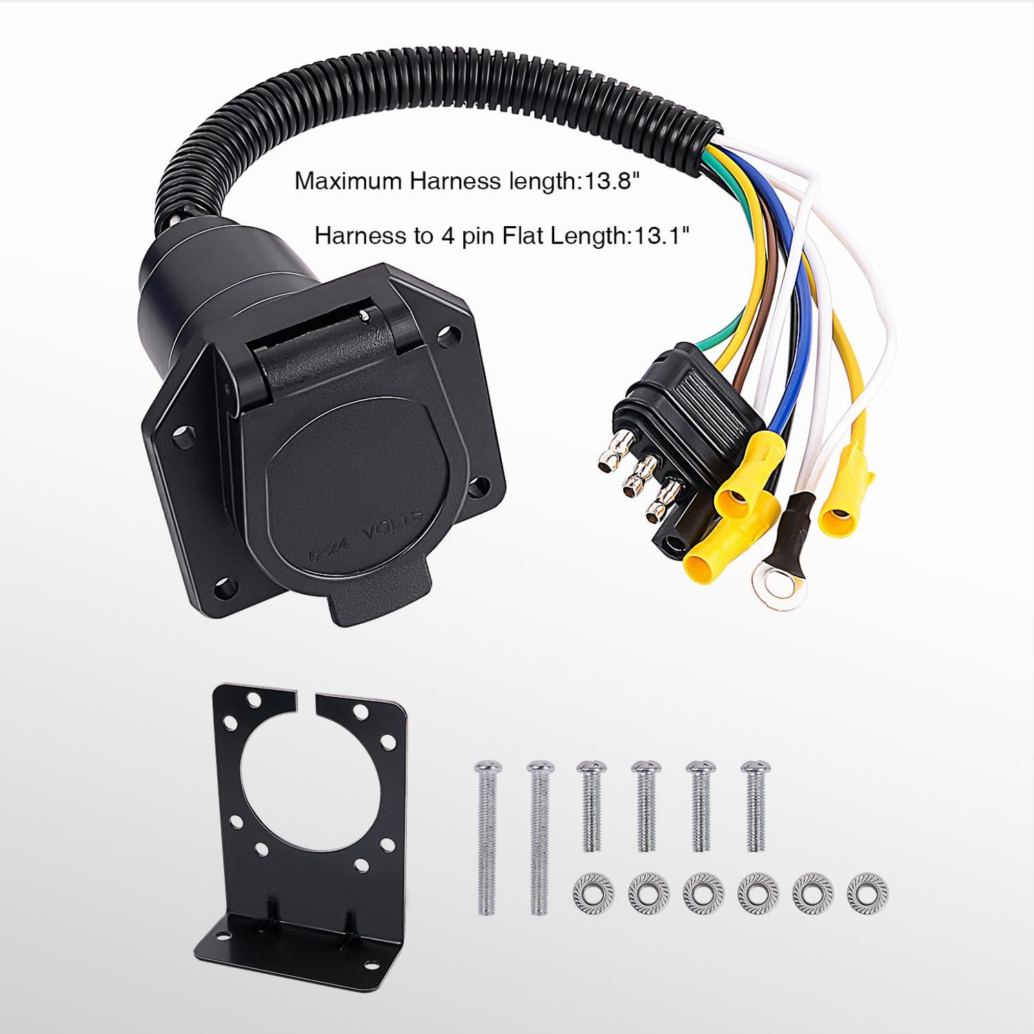 imageNilight 4Way Flat to 7Way Round RV Blade Adapter Plug 4 Pin to 7 Pin Vehicle Side Trailer Light Adapter with Extra Output Wire Tow Hitch Wire Adapter 7 Way Car End with mounting Bracket4Way to 7Way Trailer Adapter