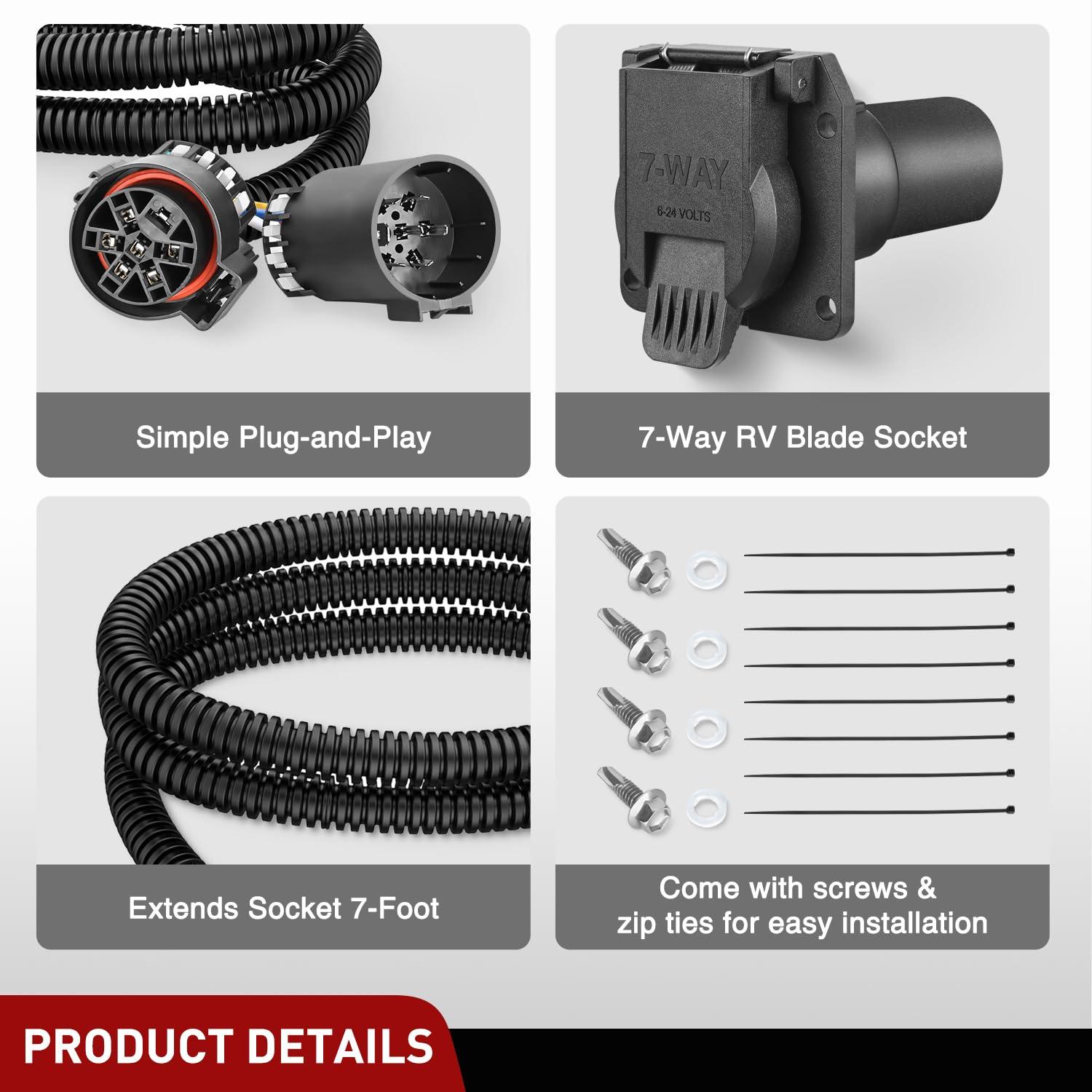 imageNilight 4Way Flat to 7Way Round RV Blade Adapter Plug 4 Pin to 7 Pin Vehicle Side Trailer Light Adapter with Extra Output Wire Tow Hitch Wire Adapter 7 Way Car End with mounting BracketUSCAR 7Pin to RV 7Pin Trailer Harness