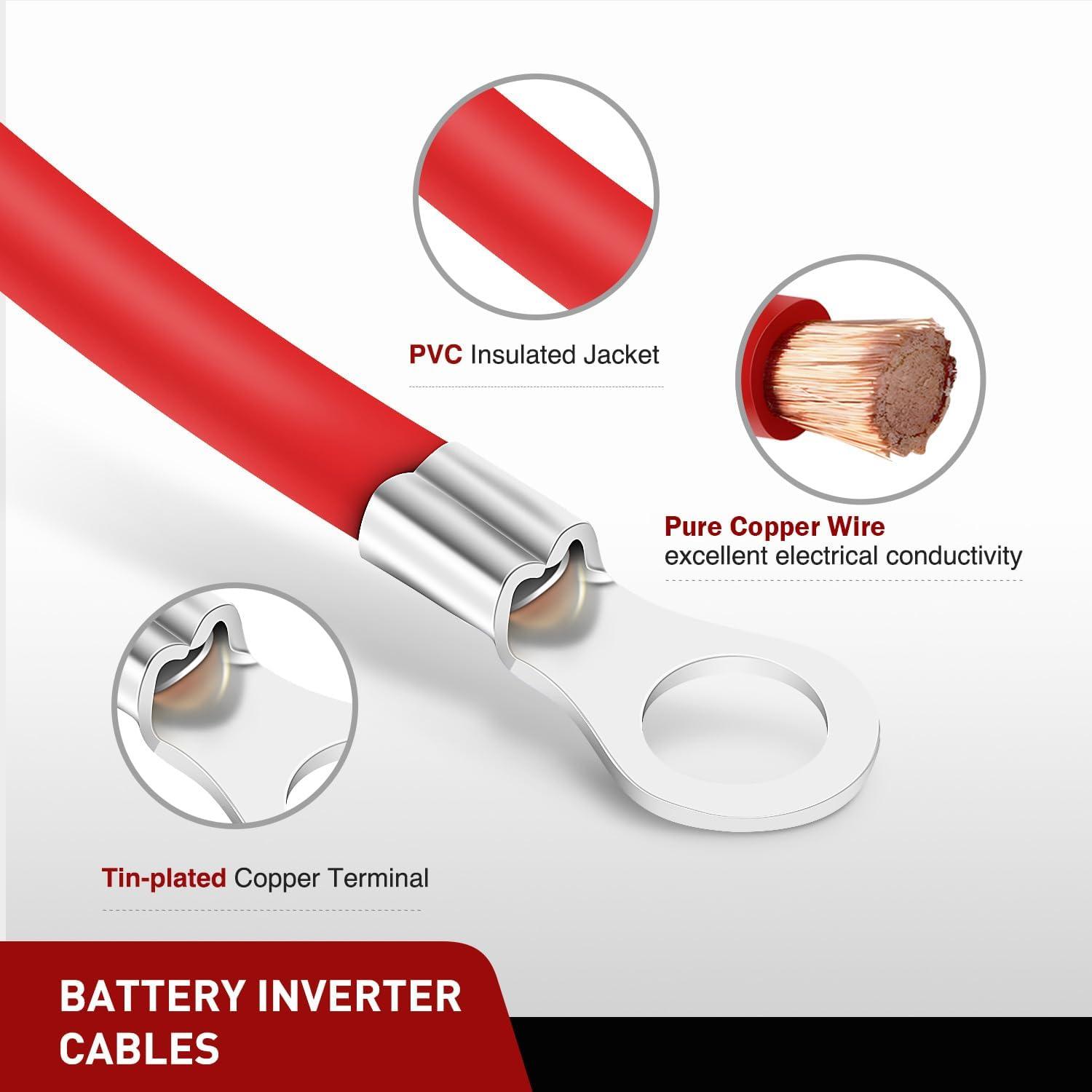 imageNilight 6 AWG 20 Inch Each Battery Power Inverter Cables wTinned Wire Terminals Red Black 38 Inch Lugs Copper Parallel OxygenFree Wires for Solar Motorcycle Automotive Cars