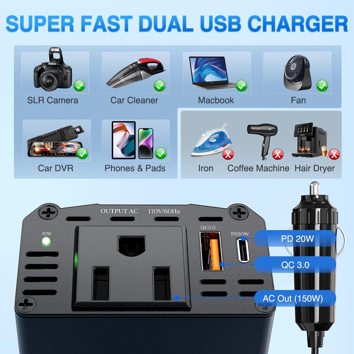 imageNilight Cigarette Lighter Extension Cord Cable Heavy Duty 6ft 12V24V Car Charger with Cigarette Lighter Plug Cigarette Lighter Socket2 Years Warranty150W USBPD 110V Outlet