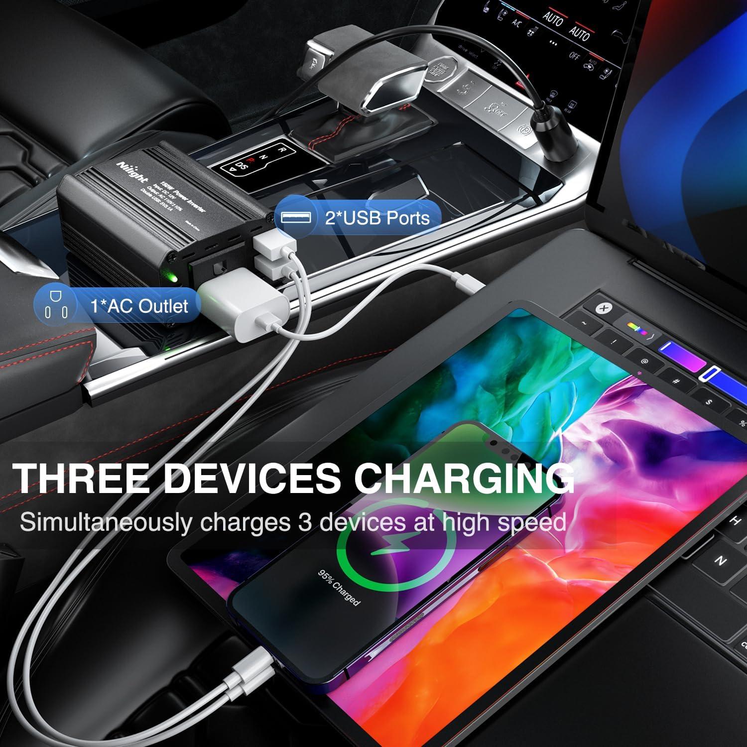 imageNilight Cigarette Lighter Extension Cord Cable Heavy Duty 6ft 12V24V Car Charger with Cigarette Lighter Plug Cigarette Lighter Socket2 Years Warranty150W USB2 110V Outlet