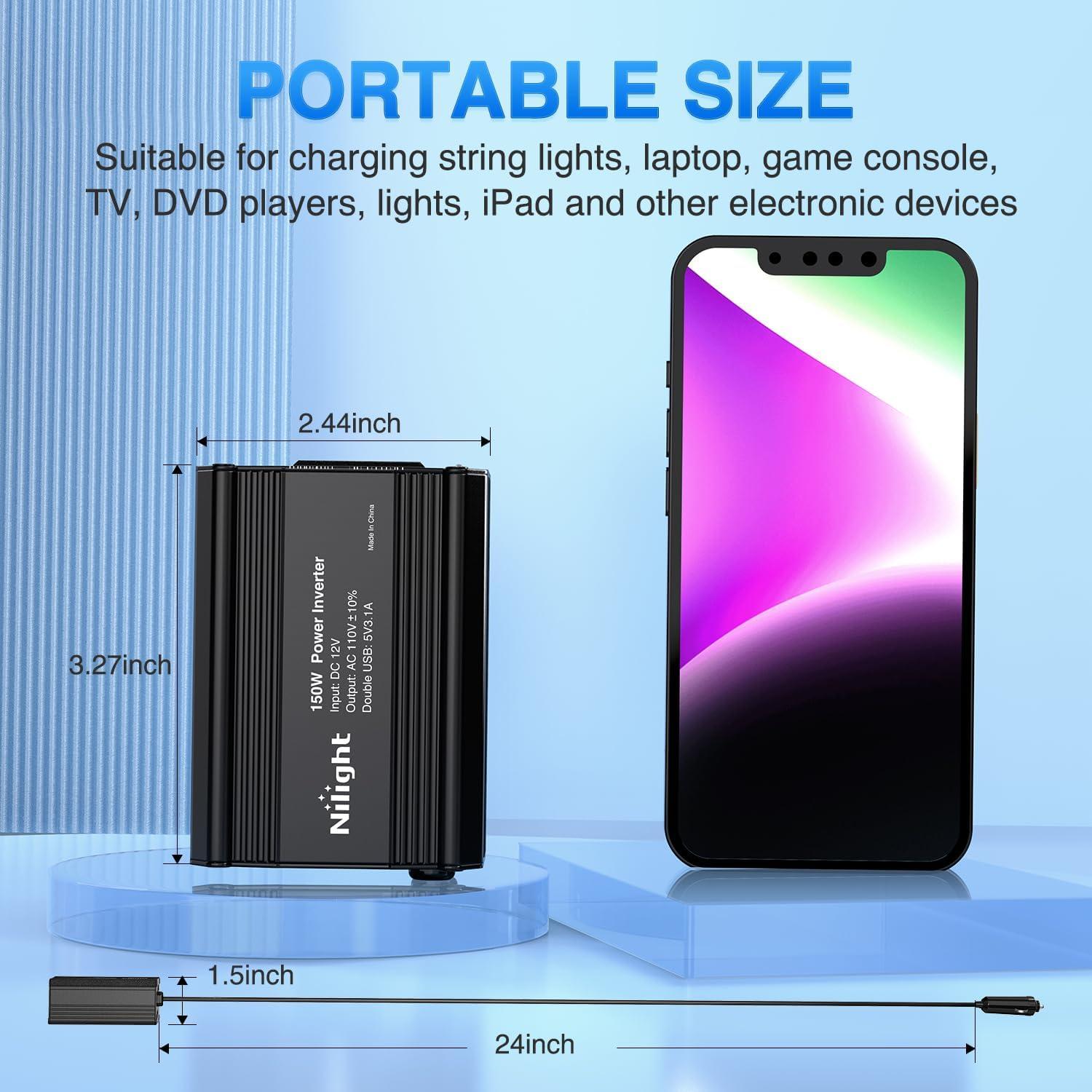 imageNilight Cigarette Lighter Extension Cord Cable Heavy Duty 6ft 12V24V Car Charger with Cigarette Lighter Plug Cigarette Lighter Socket2 Years Warranty150W USB2 110V Outlet