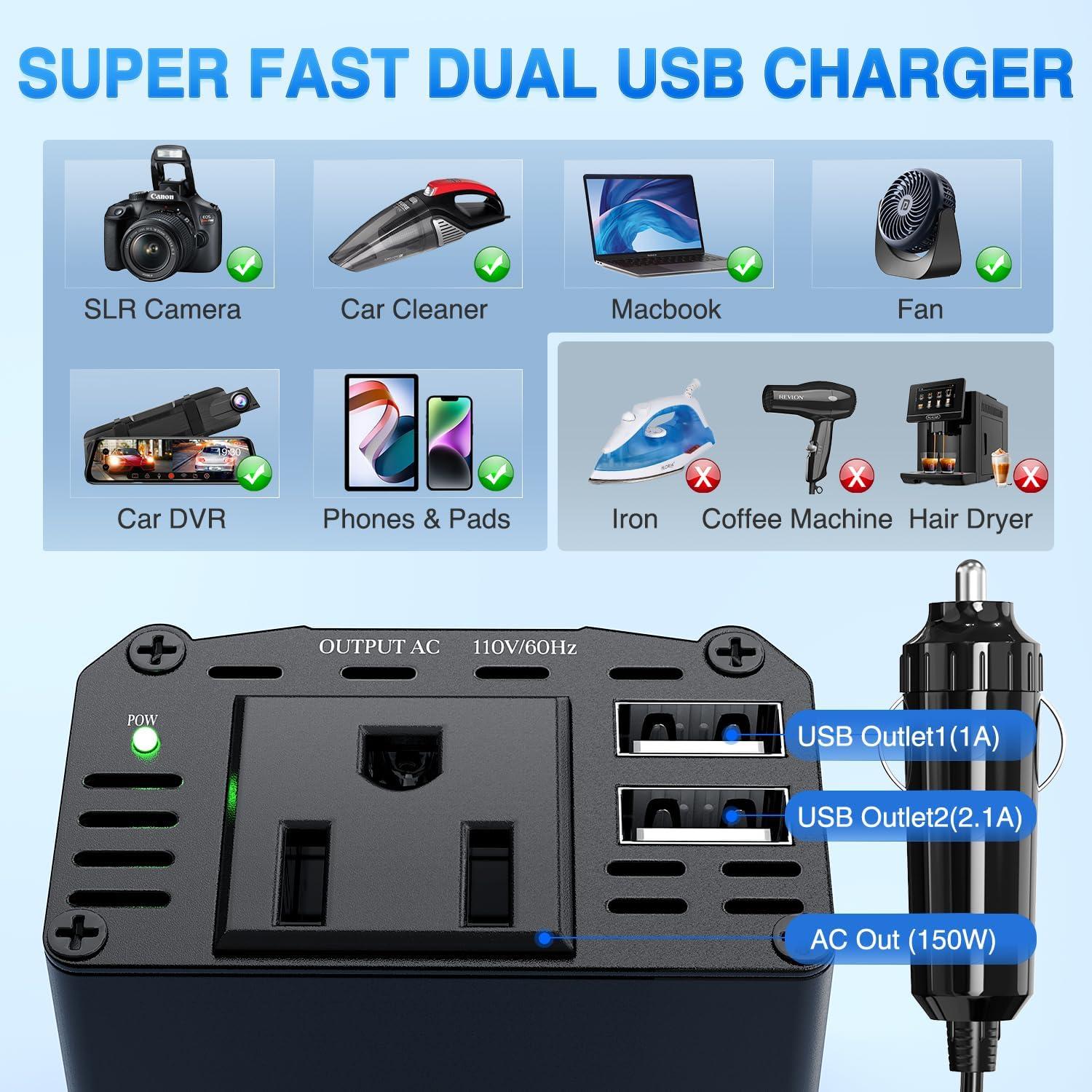 imageNilight Cigarette Lighter Extension Cord Cable Heavy Duty 6ft 12V24V Car Charger with Cigarette Lighter Plug Cigarette Lighter Socket2 Years Warranty150W USB2 110V Outlet