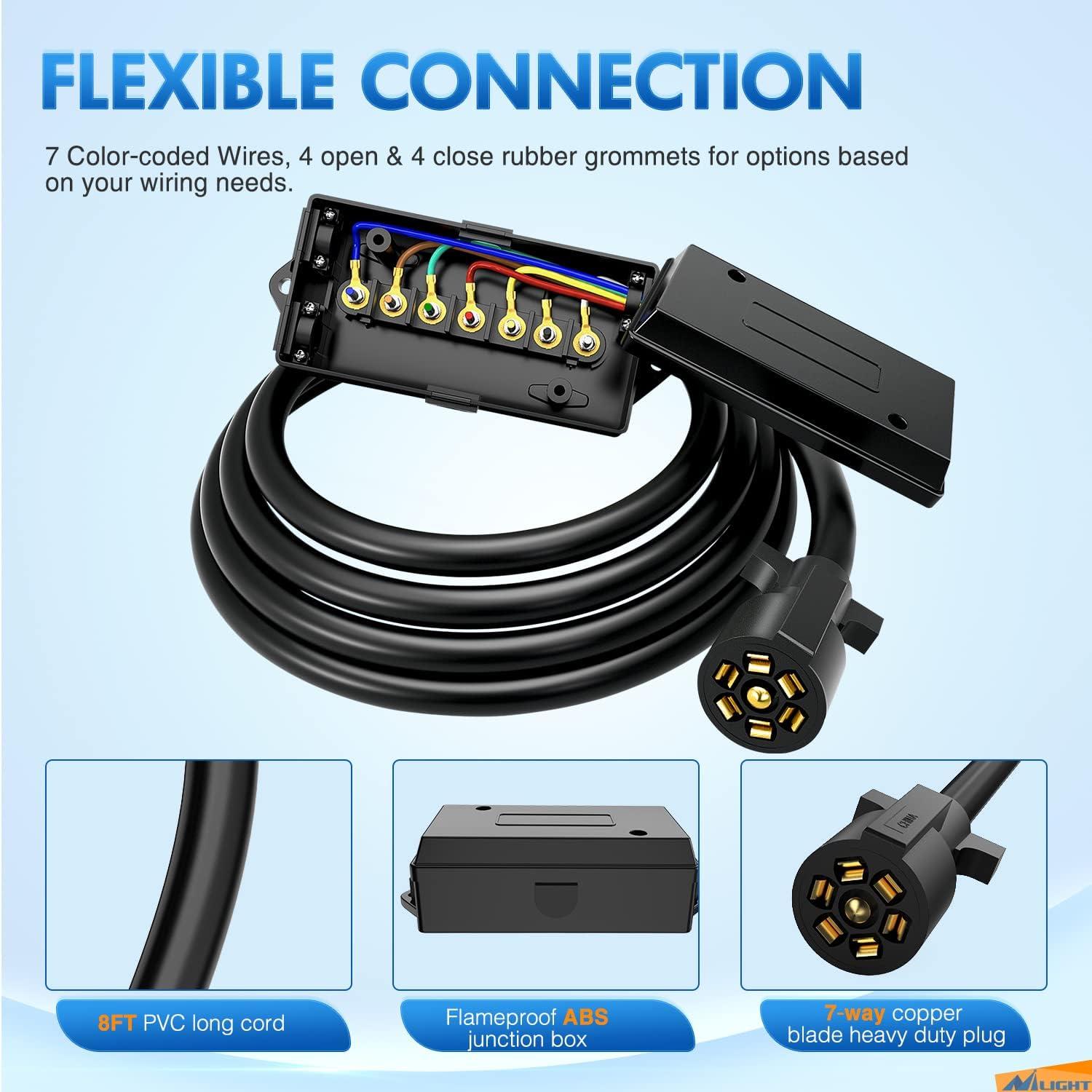imageNilight Heavy Duty 7 Way Inline Trailer Plug 8 Feet Connector Cable 7Pin RV Round Extension Wiring Harness Weatherproof Junction Box for RV Towing Car8FT 7Way Trailer Plug with Junction Box