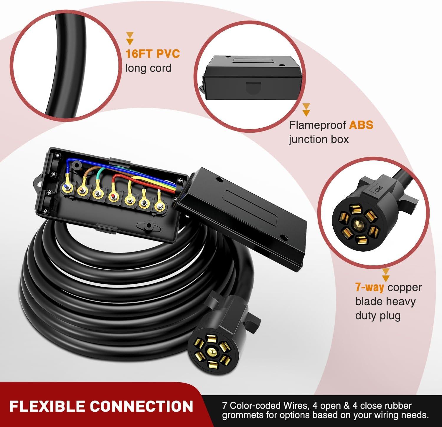 imageNilight Heavy Duty 7 Way Inline Trailer Plug 8 Feet Connector Cable 7Pin RV Round Extension Wiring Harness Weatherproof Junction Box for RV Towing Car16FT Trailer Wiring Harness