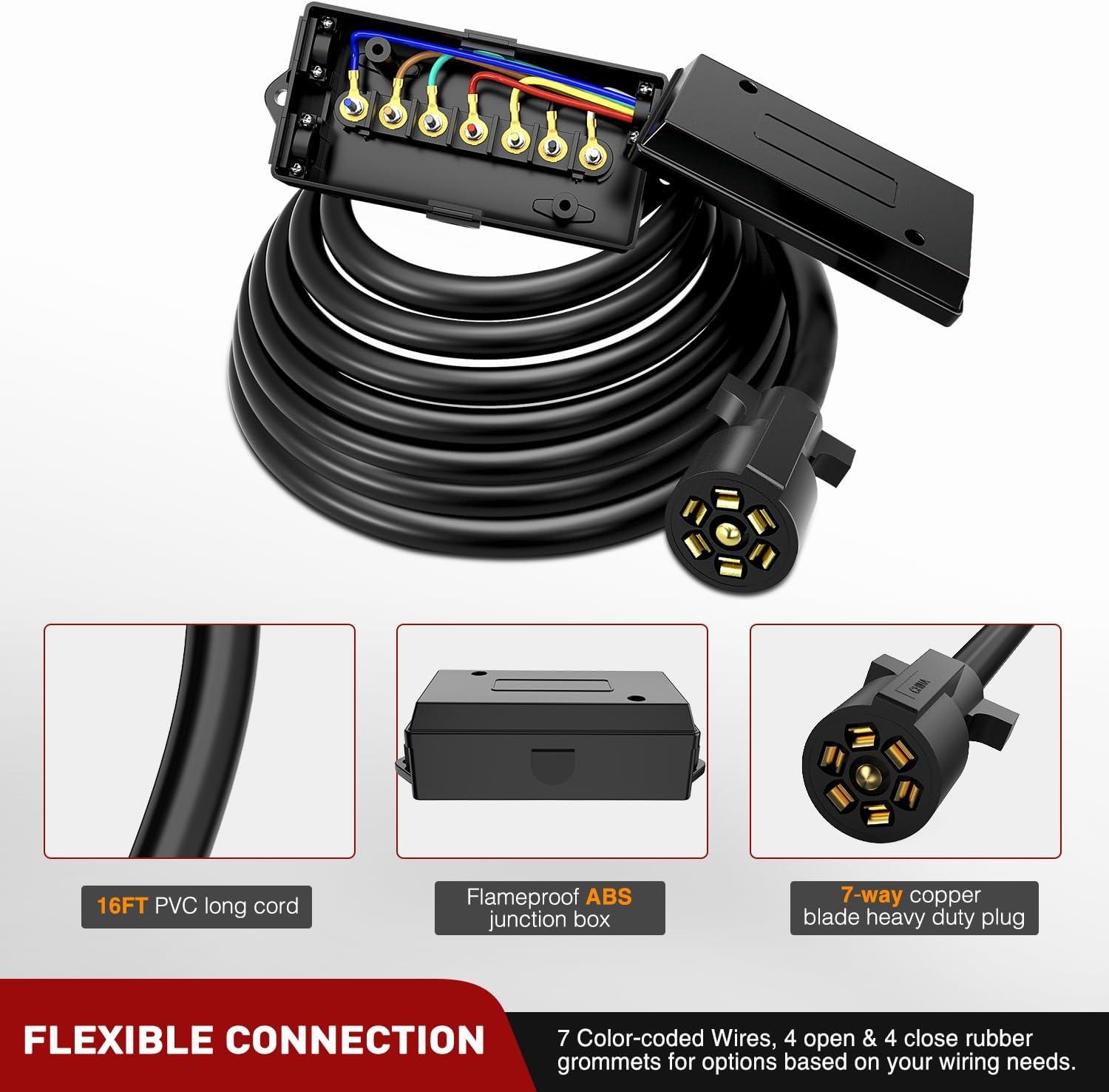 imageNilight Heavy Duty 7 Way Inline Trailer Plug 8 Feet Connector Cable 7Pin RV Round Extension Wiring Harness Weatherproof Junction Box for RV Towing Car16FT Trailer Wiring Harness