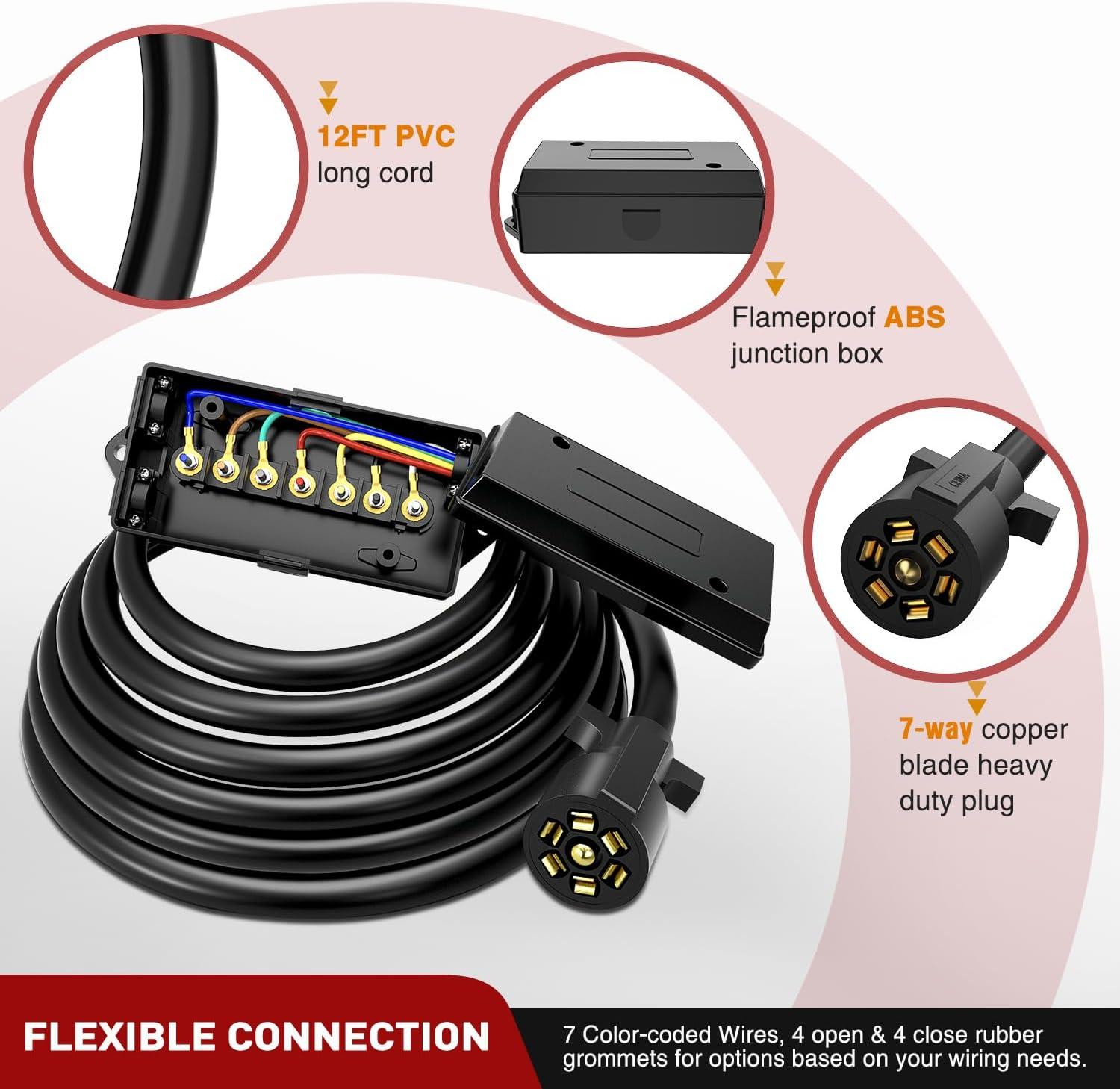 imageNilight Heavy Duty 7 Way Inline Trailer Plug 8 Feet Connector Cable 7Pin RV Round Extension Wiring Harness Weatherproof Junction Box for RV Towing Car12FT Trailer Wiring Harness