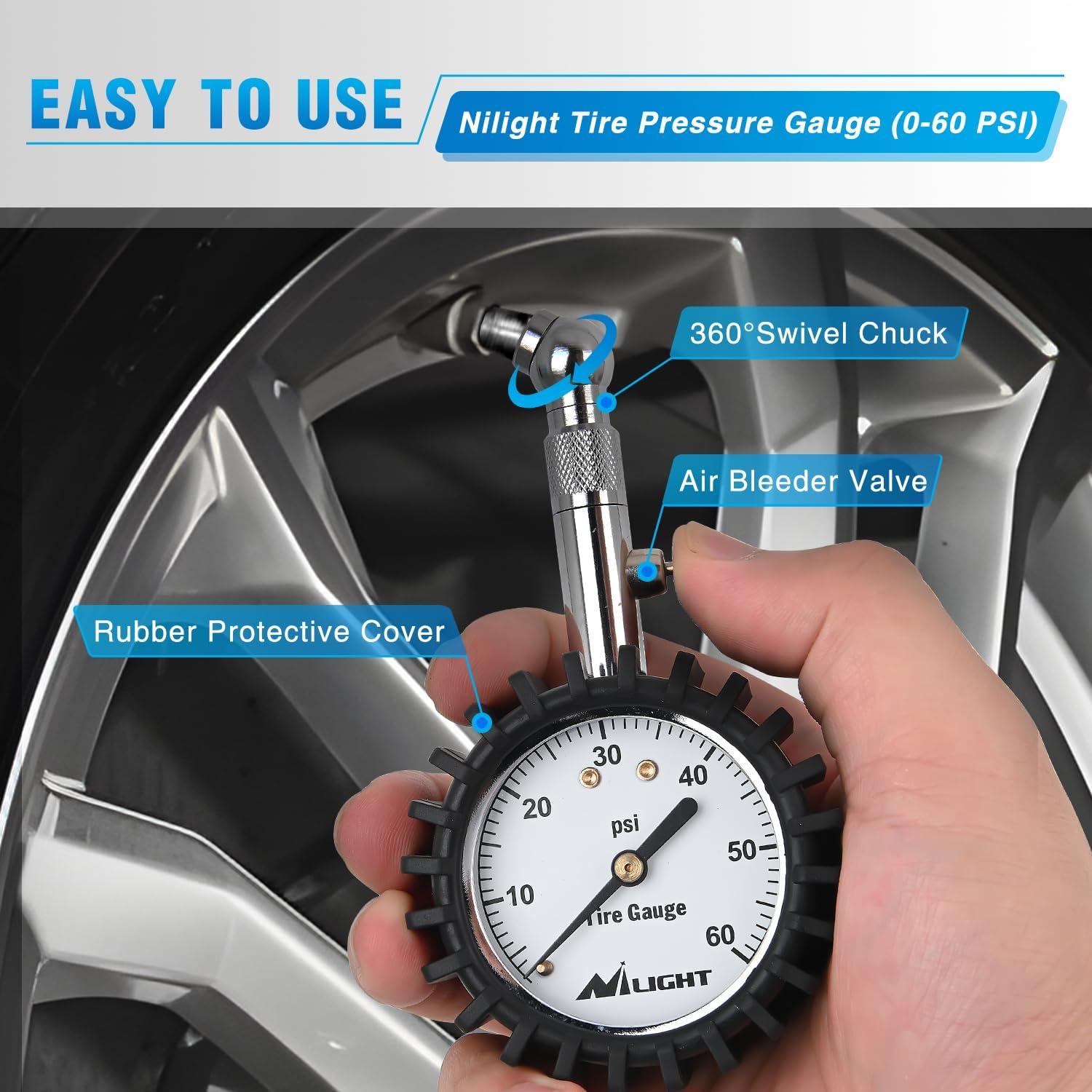 imageNilight Tire Inflator Air Compressor Portable Pump for 12V DC Car Tires with Digital Pressure Gauge 150PSI Auto LED Light Cars ATVs Bicycles60psi Tire Gauge