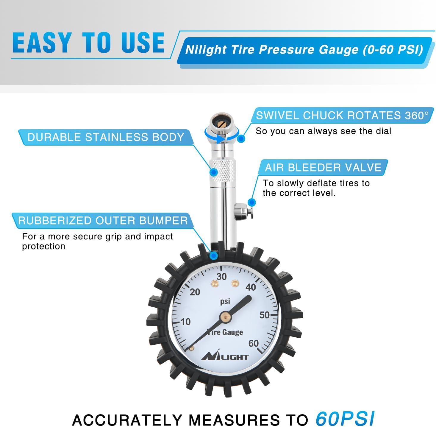 imageNilight Tire Inflator Air Compressor Portable Pump for 12V DC Car Tires with Digital Pressure Gauge 150PSI Auto LED Light Cars ATVs Bicycles60psi Tire Gauge