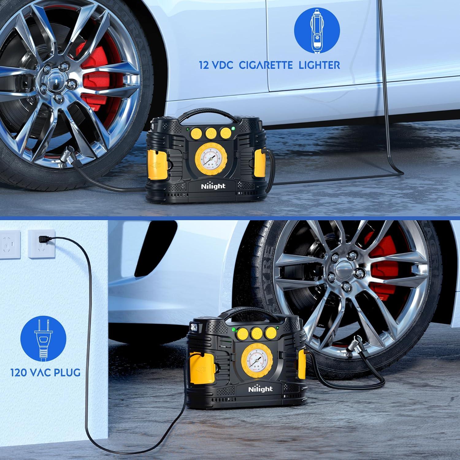 imageNilight Tire Inflator Air Compressor Portable Pump for 12V DC Car Tires with Digital Pressure Gauge 150PSI Auto LED Light Cars ATVs BicyclesAcDc Air Compressor Pressure Gauge