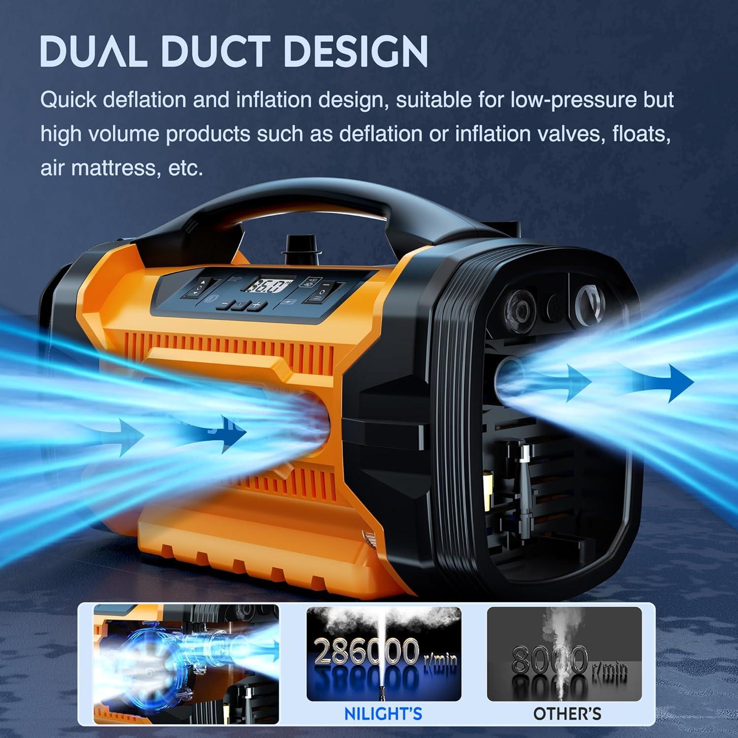 imageNilight Tire Inflator Air Compressor Portable Pump for 12V DC Car Tires with Digital Pressure Gauge 150PSI Auto LED Light Cars ATVs BicyclesAcDc Air Compressor Pump Battery