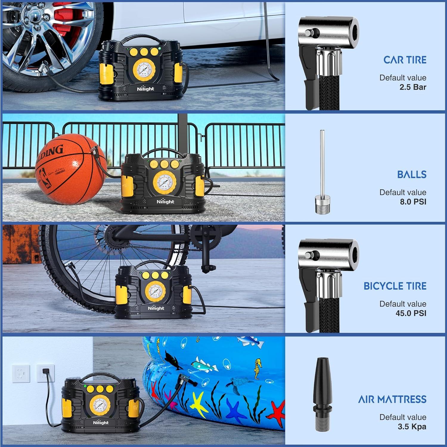 imageNilight Tire Inflator Air Compressor Portable Pump for 12V DC Car Tires with Digital Pressure Gauge 150PSI Auto LED Light Cars ATVs BicyclesAcDc Air Compressor Pressure Gauge