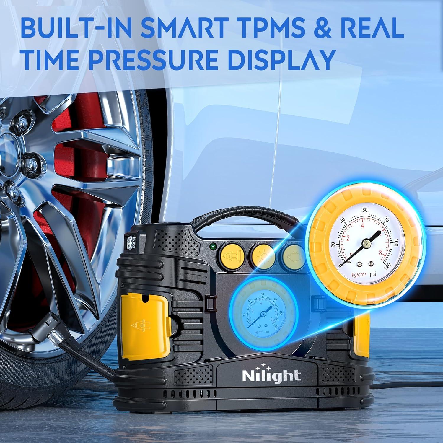 imageNilight Tire Inflator Air Compressor Portable Pump for 12V DC Car Tires with Digital Pressure Gauge 150PSI Auto LED Light Cars ATVs BicyclesAcDc Air Compressor Pressure Gauge