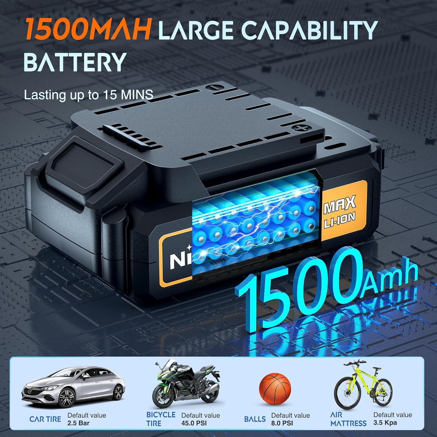 imageNilight Tire Inflator Air Compressor Portable Pump for 12V DC Car Tires with Digital Pressure Gauge 150PSI Auto LED Light Cars ATVs BicyclesAcDc Air Compressor Pump Battery