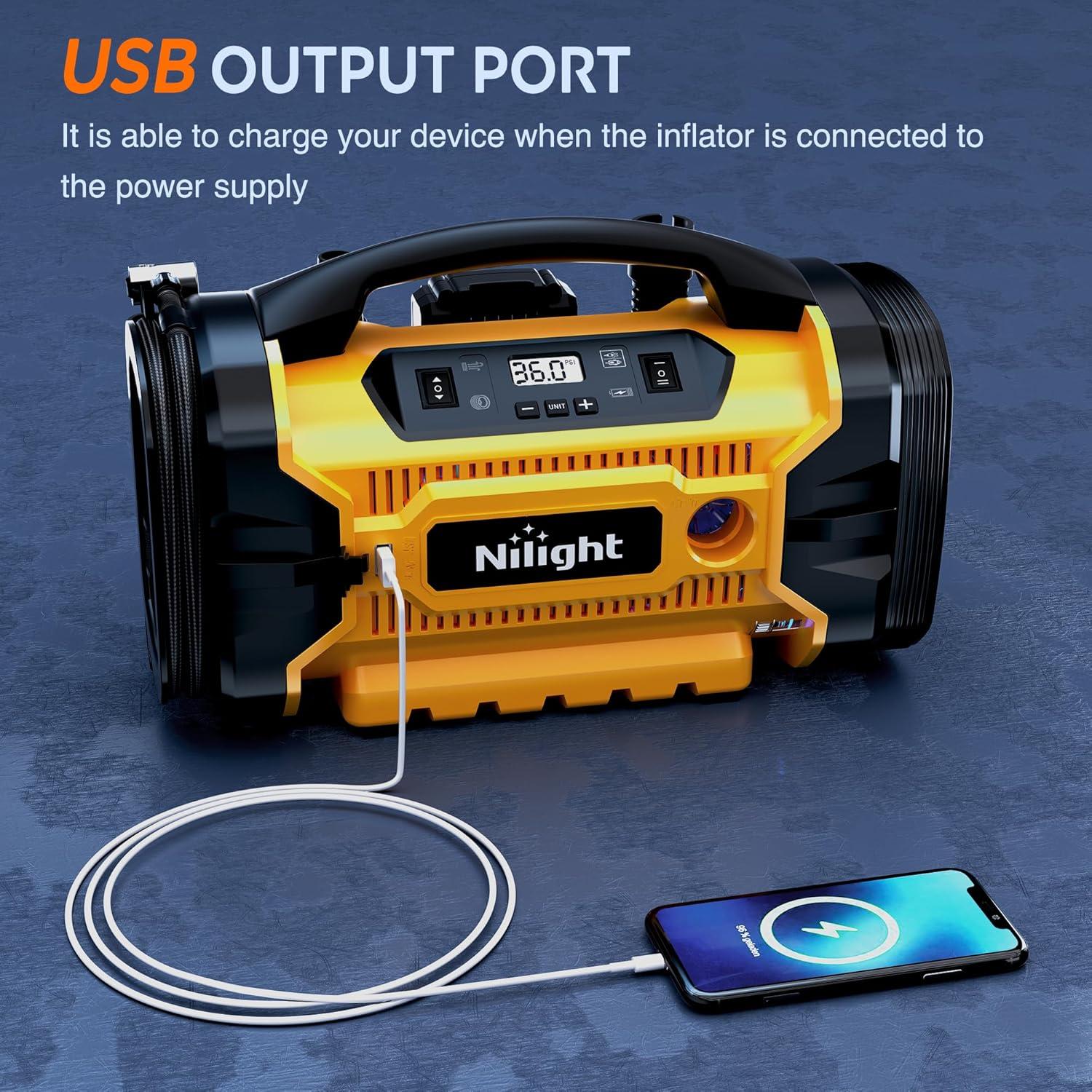 imageNilight Tire Inflator Air Compressor Portable Pump for 12V DC Car Tires with Digital Pressure Gauge 150PSI Auto LED Light Cars ATVs BicyclesAcDc Air Compressor Pump